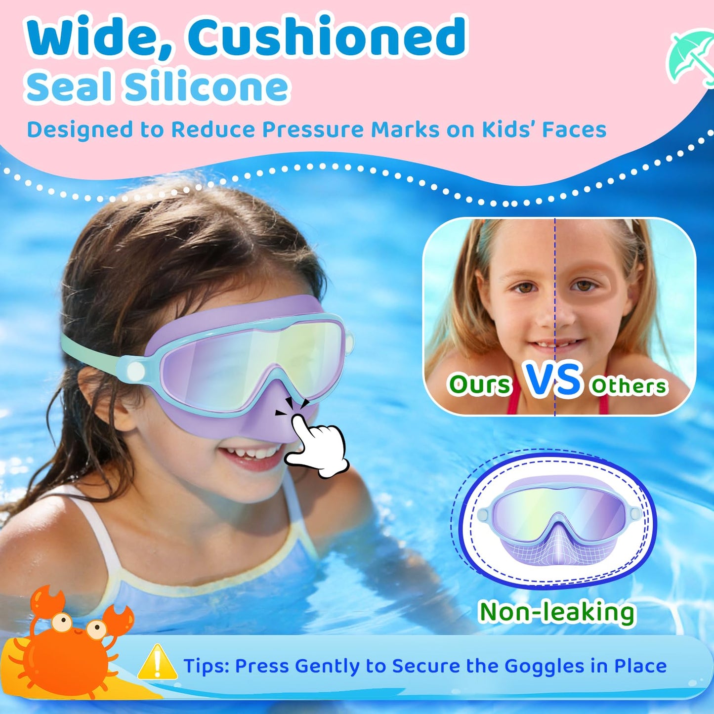 Vvinca 2 Pack Kids Swim Goggles with Nose Cover, Wide View Anti-Fog UV Protection Swimming Mask for Boys Girls Ages 3-14, No Leak Pool Goggles for Toddlers