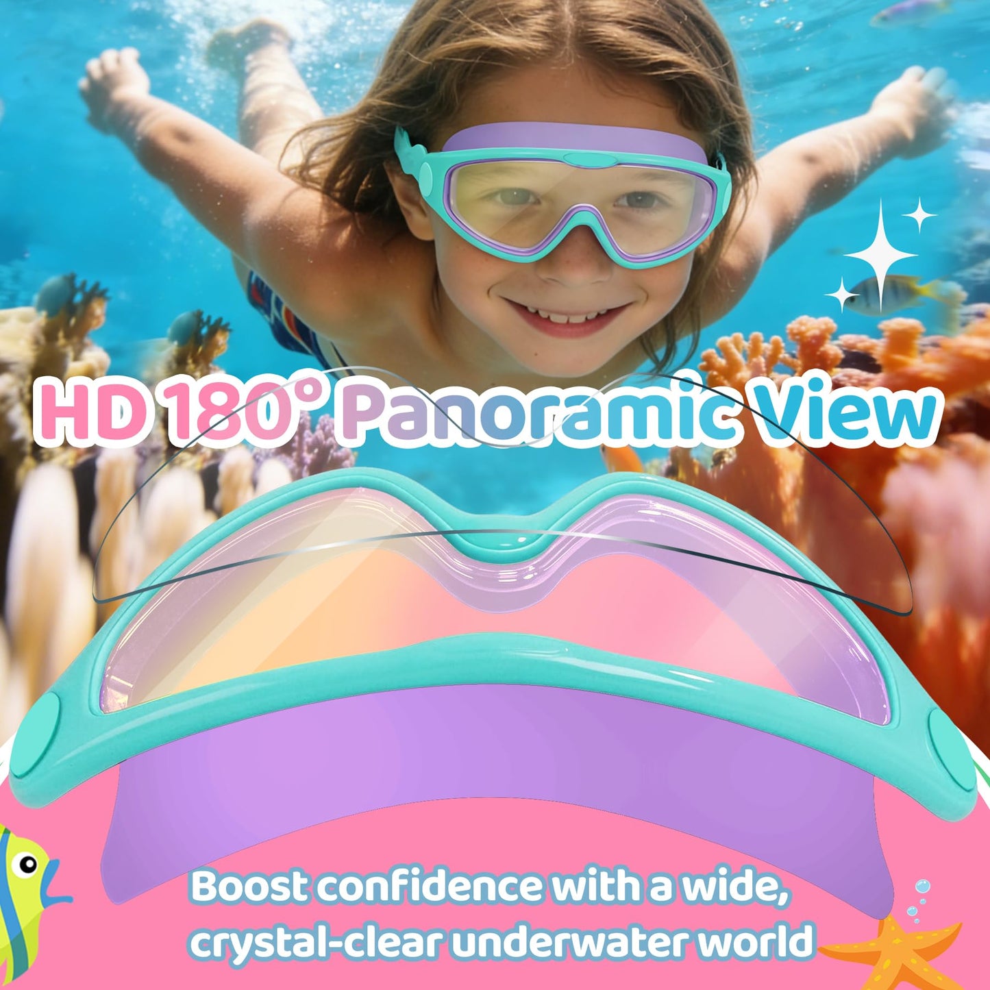 Vvinca Kids Swim Goggles for Boys Girls Age 3-15, Soft Wave-Shape Strap (No Hair Pulling), 180° Wide View Anti Fog/UV Waterproof Swimming Goggles, Leak Free Silicone Pool Goggle for Toddler Youth