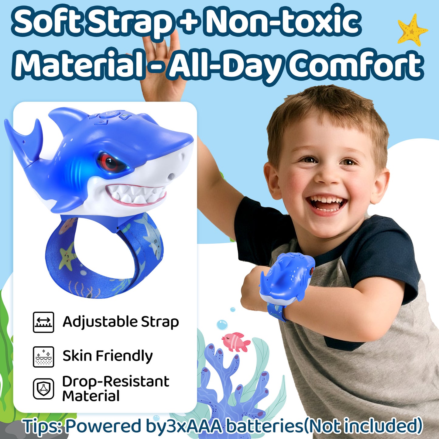 Vvinca Walkie Talkies for Kids 2 Pack - Toys for Boys Girls Age 3-5 5-7 8-12 Christmas Birthday Gifts for Toddlers Adjustable Strap Long Range Clear Sound Camping Outdoor Game Shark Walkie-Talkie