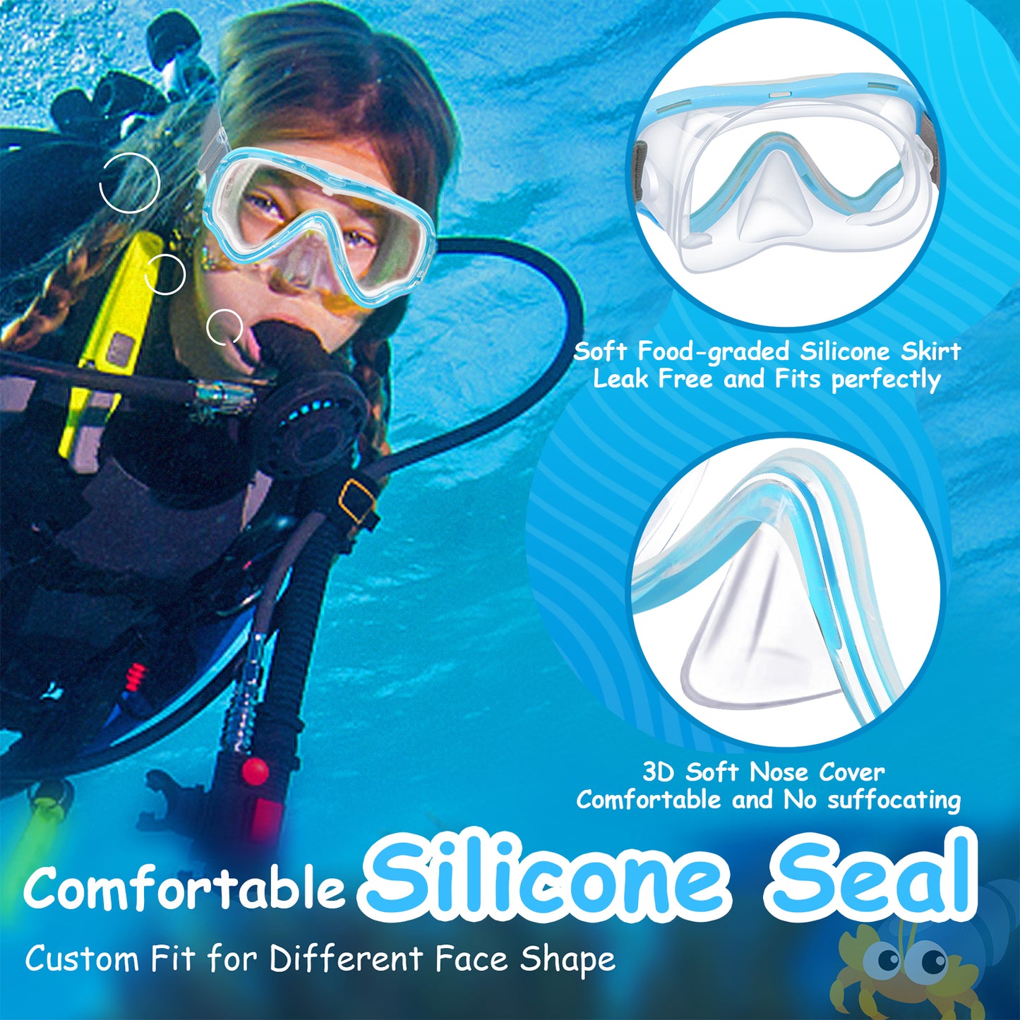 Vvinca Kids-Goggles with Nose Cover, Diving Mask Elastic Fabric Strap Anti Fog Anti Shattered Lens for Kids Swim Goggles 3-14