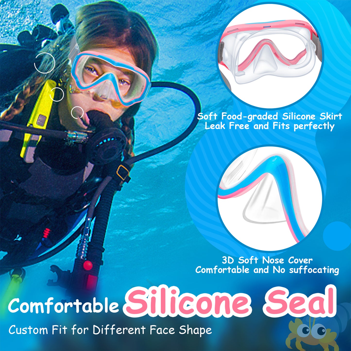 Vvinca Kids-Goggles with Nose Cover, Diving Mask Elastic Fabric Strap Anti Fog Anti Shattered Lens for Kids Swim Goggles 3-14