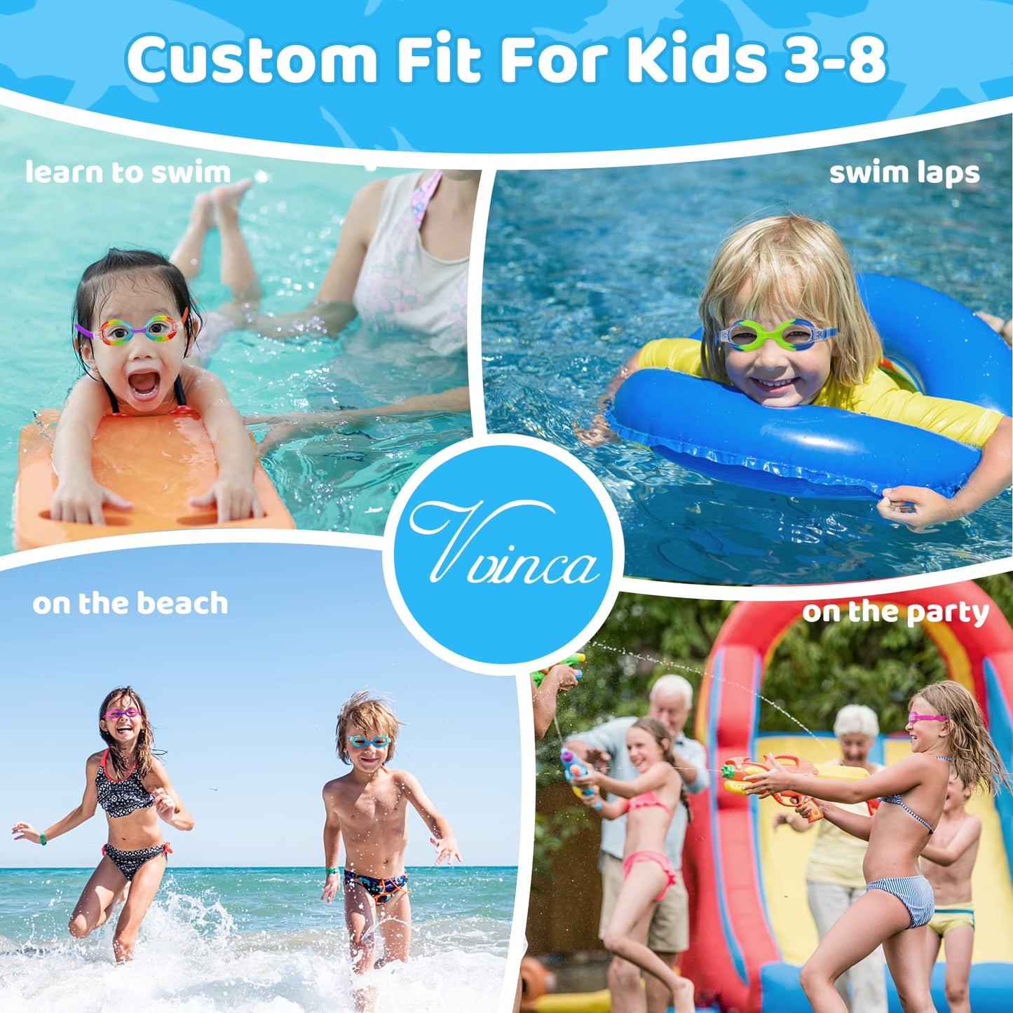 Vvinca Kids Swim Goggles for Ages 2–8, Fabric Strap No Hair Pulling, Anti-Fog & Leak-Resistant for Pool & Swim Lessons
