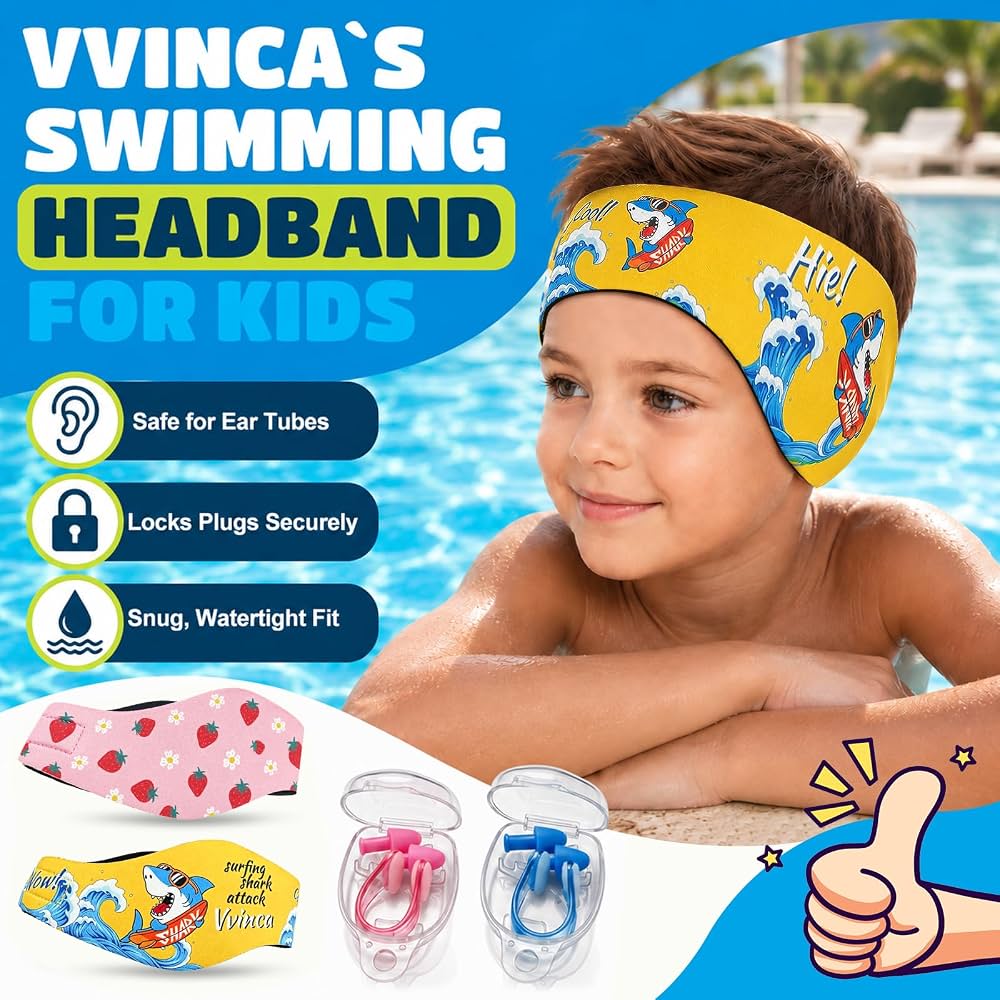 Kids Swimming Headbands — 2 Pack — Yellow Shark + Pink Strawberry image 02