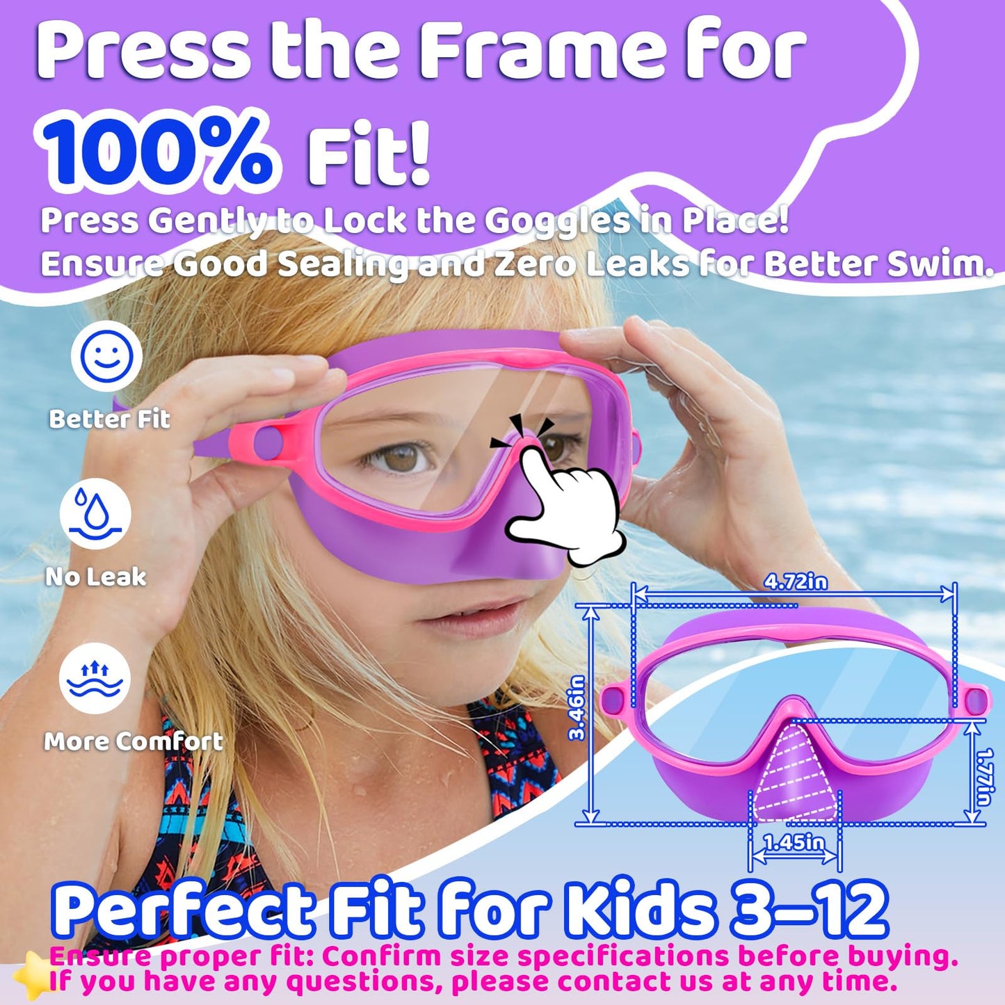 Vvinca Swim Goggles with Nose Cover, 2 Pack Wide View Diving Mask Anti-Fog UV No Leak Toddlers Swimming Goggles for Kids 3-12