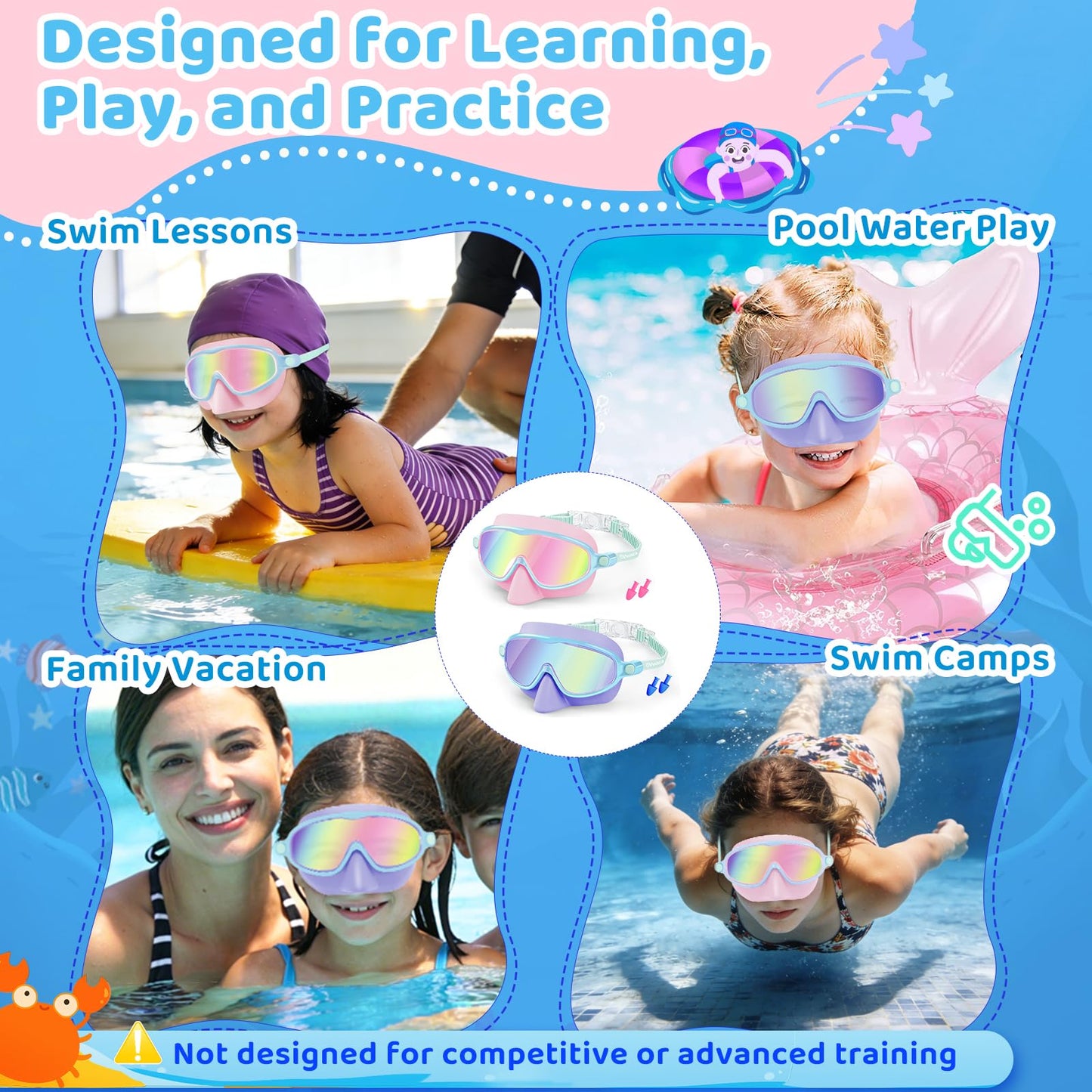 Vvinca 2 Pack Kids Swim Goggles with Nose Cover, Wide View Anti-Fog UV Protection Swimming Mask for Boys Girls Ages 3-14, No Leak Pool Goggles for Toddlers