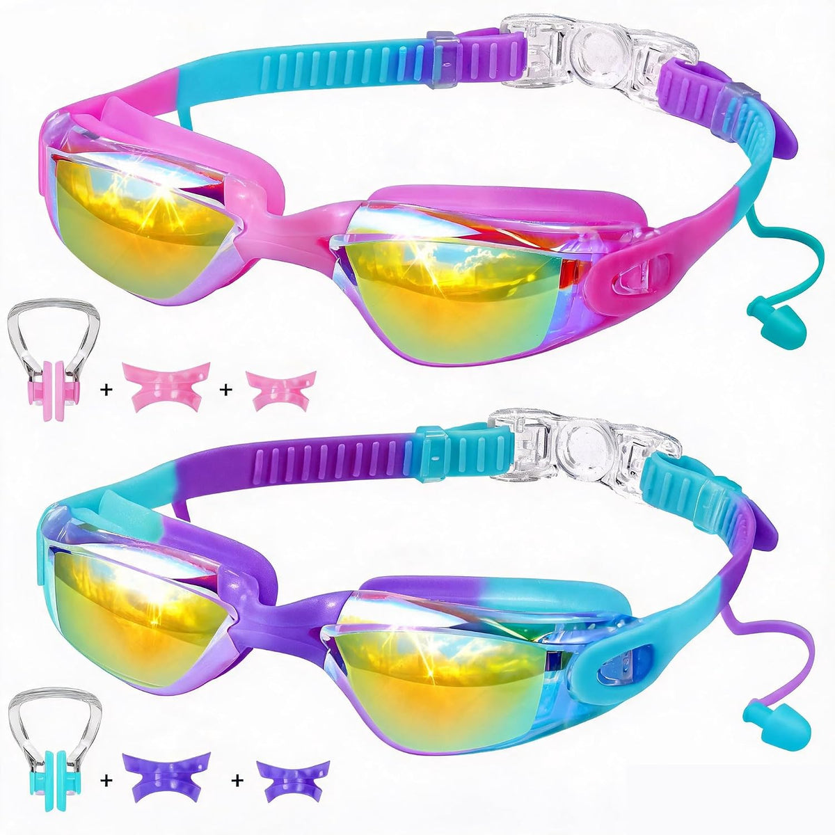 Kids Square Goggles — Choose Your Strap - Corded Earplugs / 2 Pack — Pink Magenta Blue Clear + Blue Purple Clear