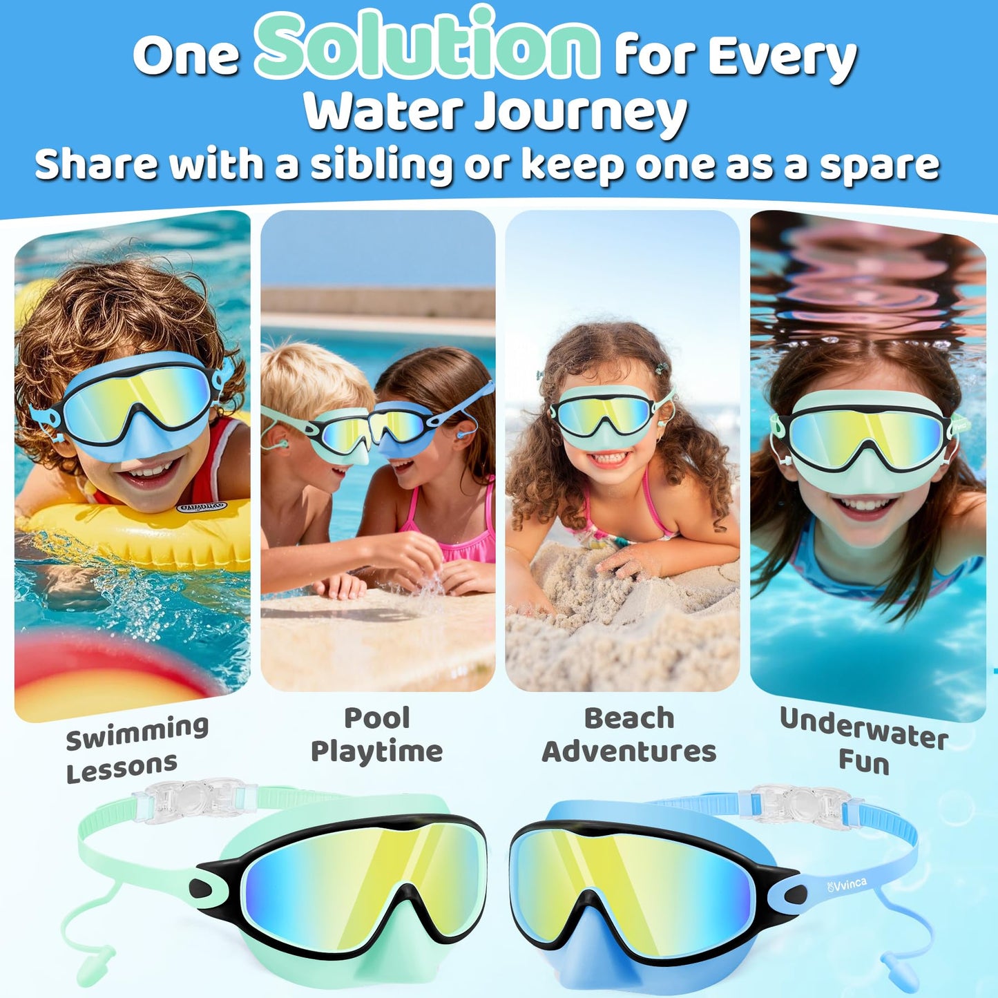 Vvinca Kids Swim Goggles 2 Pack with Nose Cover and Attached Earplugs, Wide View Anti-Fog/UV Swimming Goggles for Age 3-12 Boys Girls, No Leak Pool Water Clear Swimming Goggle for Youth Toddler