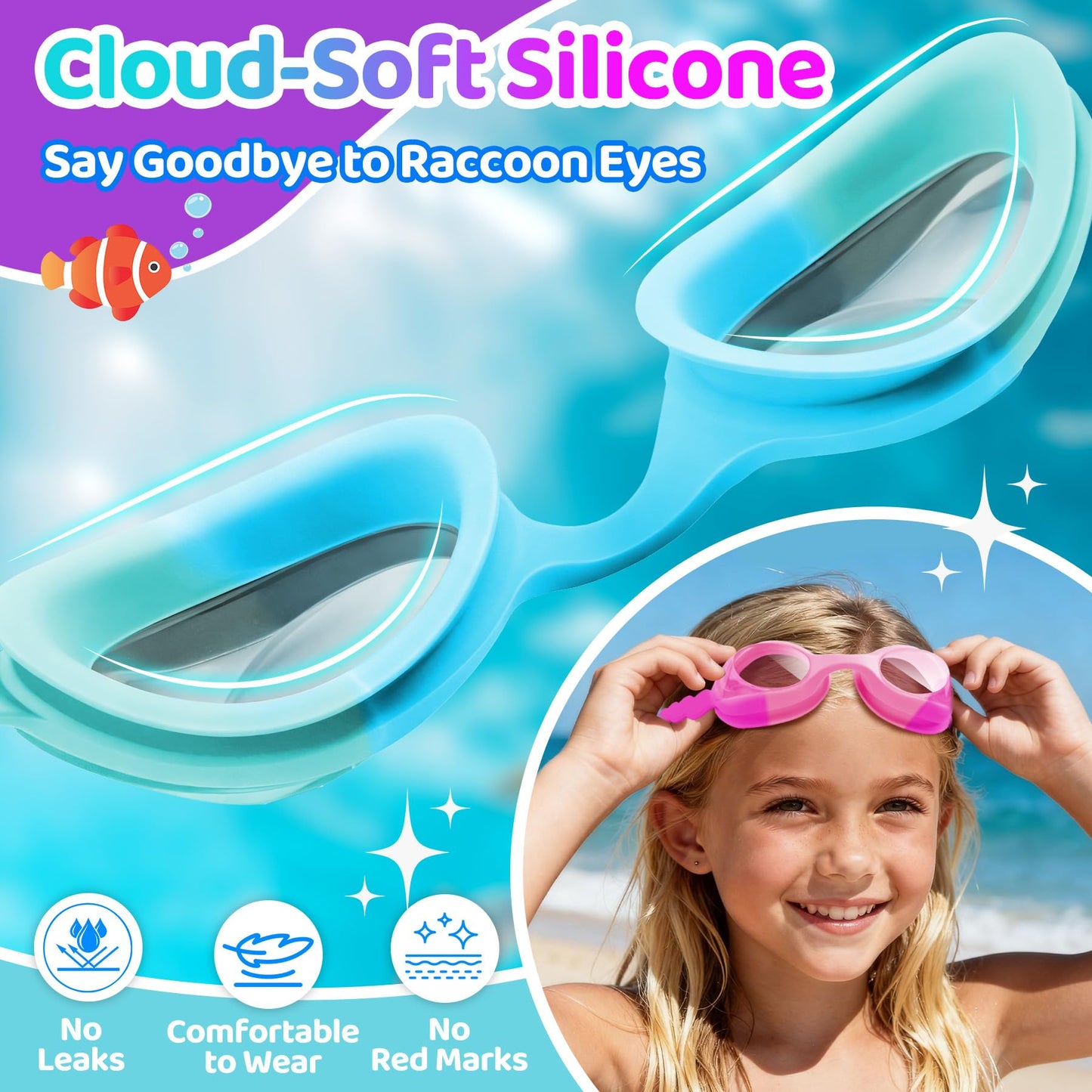 Vvinca 2 pack Kids Swim Goggles for Boys Girls Age 3-12, Wave-Shaped Quick Adjust Strap, Anti-Fog UV Protection Swimming Goggles, No Leaking Kids Goggles for Toddler Youth Pool Water Swimming