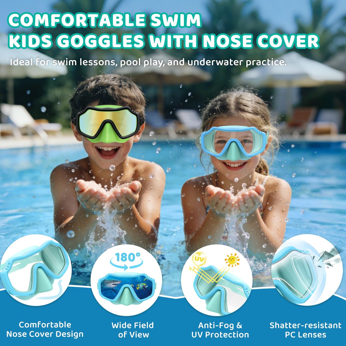 Vvinca 2 Pack Kids Swim Goggles with Nose Cover for Boys Girls 3-15, Anti Fog Diving Mask with Shatterproof Safety Lens for Toddler, Waterproof Swimming Goggles Value Set for Beach & Pool Beach