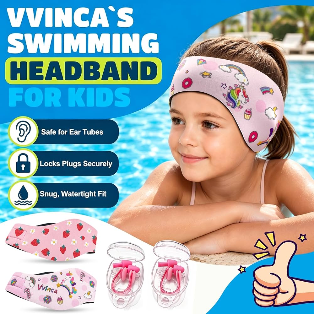 Kids Swimming Headbands — 2 Pack — Pink Unicorn + Pink Strawberry image 02