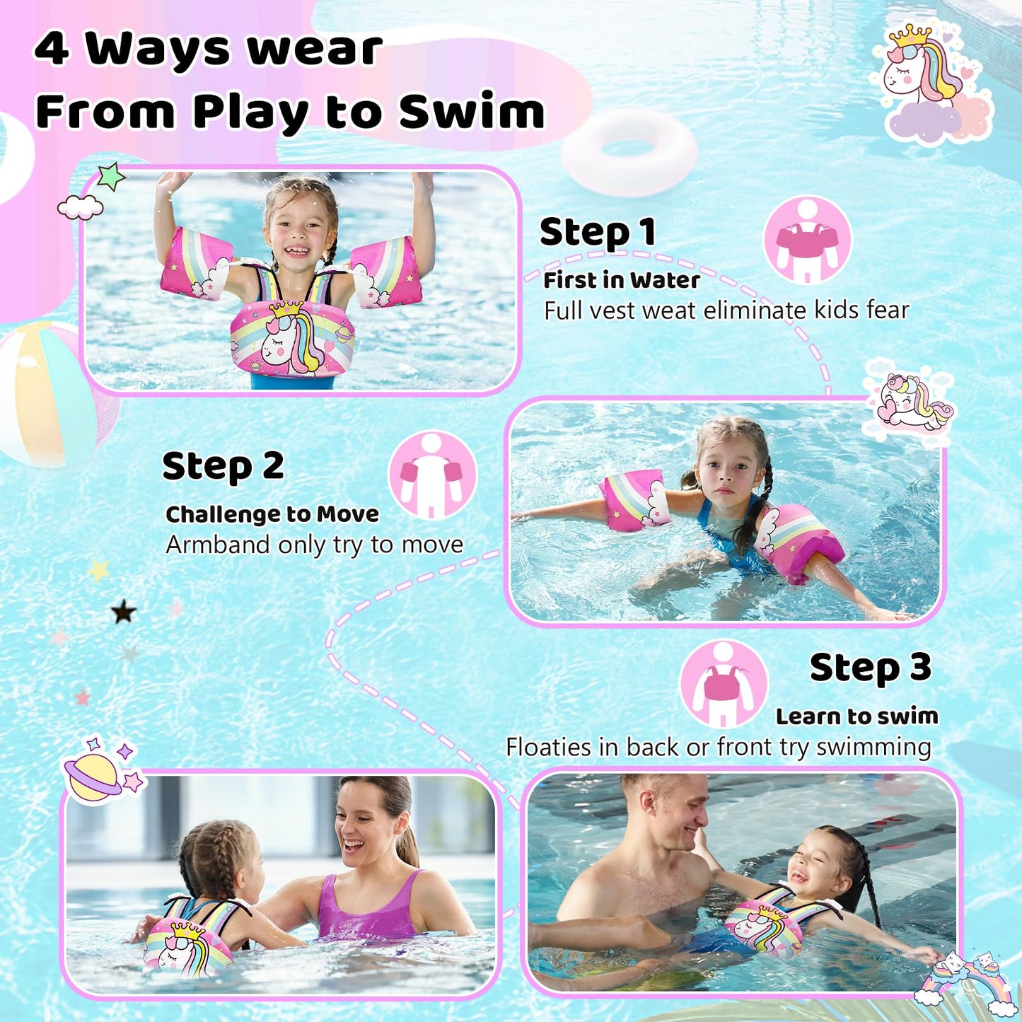 Vvinca Separable Toddler Swim Vest Fit 22-66 Lbs（2-6 Years）| 3 in 1 Toddler Floaties Pool Float & Arm Bands Boys and Girls, Adjustable Sturdy Safety for 2 3 4 5 6 Year