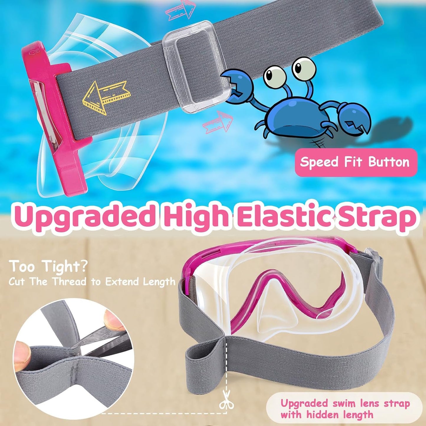 Vvinca Kids-Goggles with Nose Cover, Diving Mask Elastic Fabric Strap Anti Fog Anti Shattered Lens for Kids Swim Goggles 3-14 - REPAIRED A000689 3