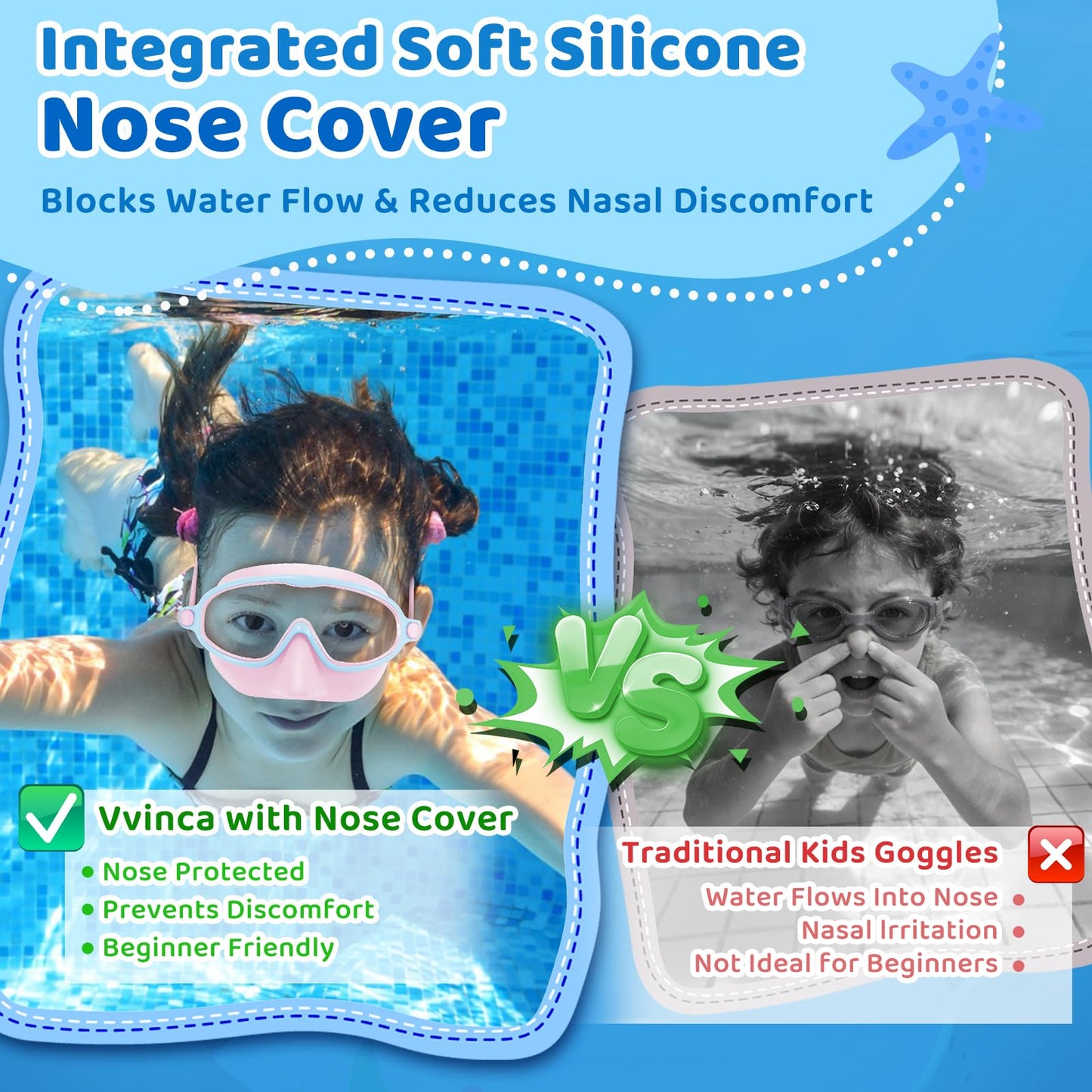 Vvinca 2 Pack Kids Swim Goggles with Nose Cover, Wide View Anti-Fog UV Protection Swimming Mask for Boys Girls Ages 3-14, No Leak Pool Goggles for Toddlers
