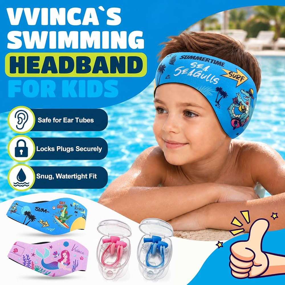 Kids Swimming Headbands — 2 Pack — Blue Dinosaur + Purple Mermaid image 02