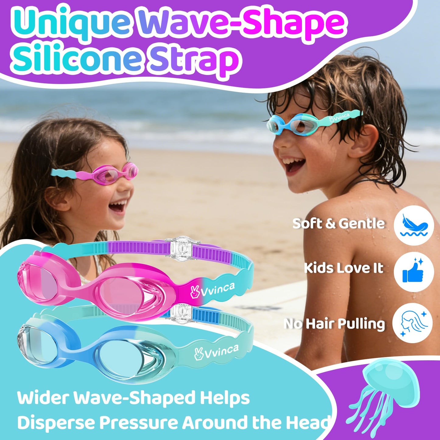 Vvinca 2 pack Kids Swim Goggles for Boys Girls Age 3-12, Wave-Shaped Quick Adjust Strap, Anti-Fog UV Protection Swimming Goggles, No Leaking Kids Goggles for Toddler Youth Pool Water Swimming