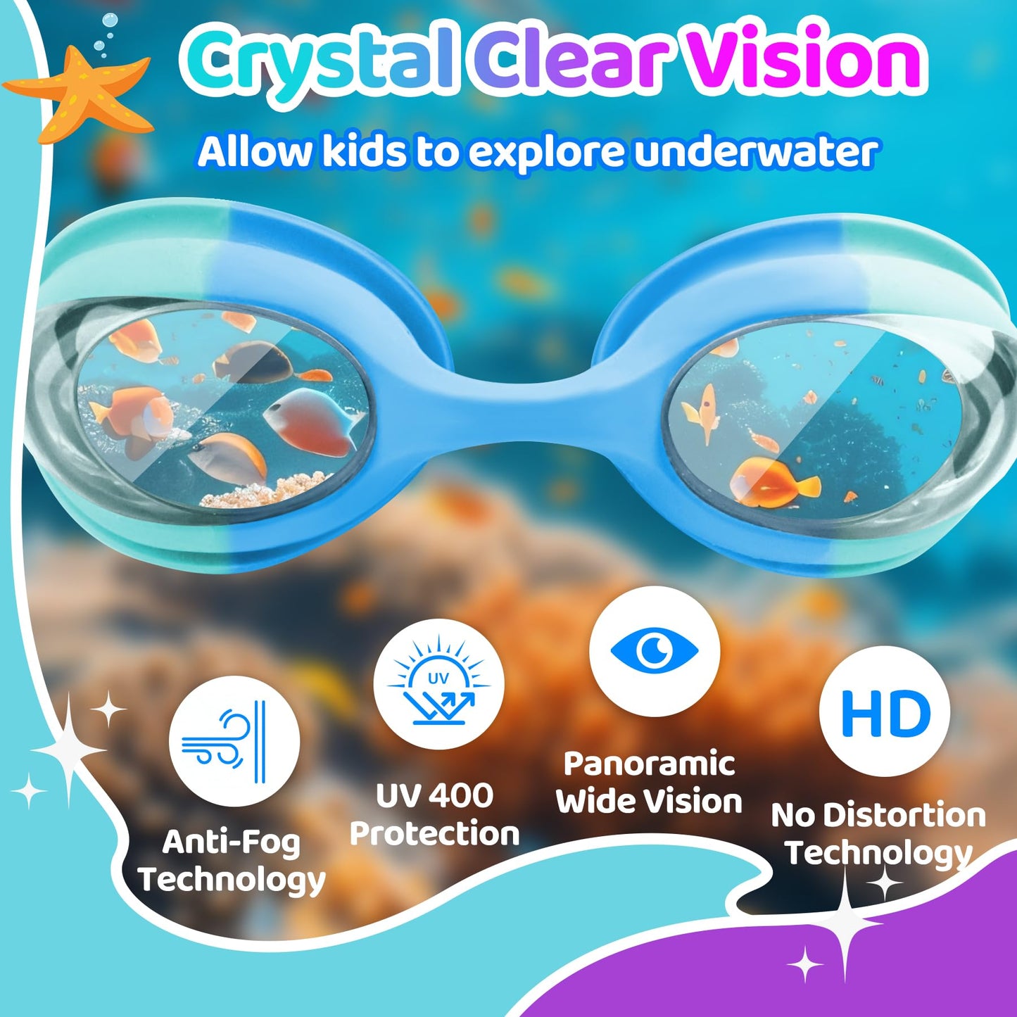 Vvinca 2 pack Kids Swim Goggles for Boys Girls Age 3-12, Wave-Shaped Quick Adjust Strap, Anti-Fog UV Protection Swimming Goggles, No Leaking Kids Goggles for Toddler Youth Pool Water Swimming