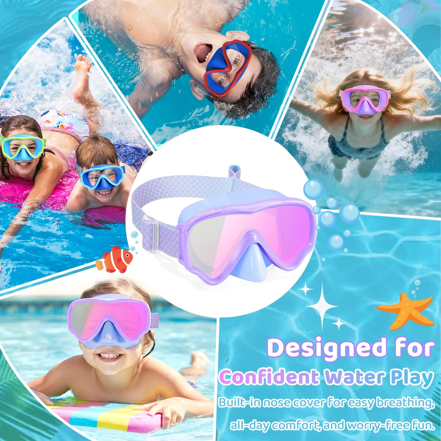 Vvinca Kids Swim Goggles with Nose Cover & Tangle-Free Fabric Strap - Anti-Fog/UV Waterproof Swimming Mask for Boys Girls 3-15, Wide View Snorkel Gear with Soft Silicone Seal, Mermaid Scales