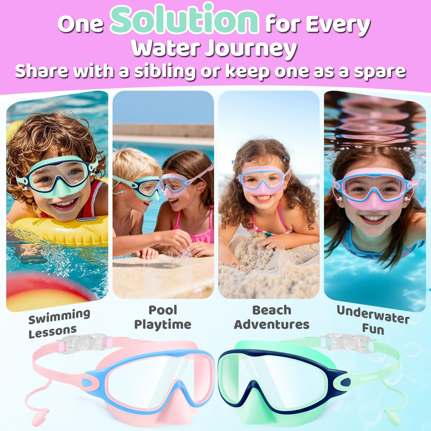 Vvinca Kids Swim Goggles 2 Pack with Nose Cover and Attached Earplugs, Wide View Anti-Fog/UV Swimming Goggles for Age 3-12 Boys Girls, No Leak Pool Water Clear Swimming Goggle for Youth Toddler