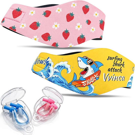 Kids Swimming Headbands — 2 Pack — Yellow Shark + Pink Strawberry image 01