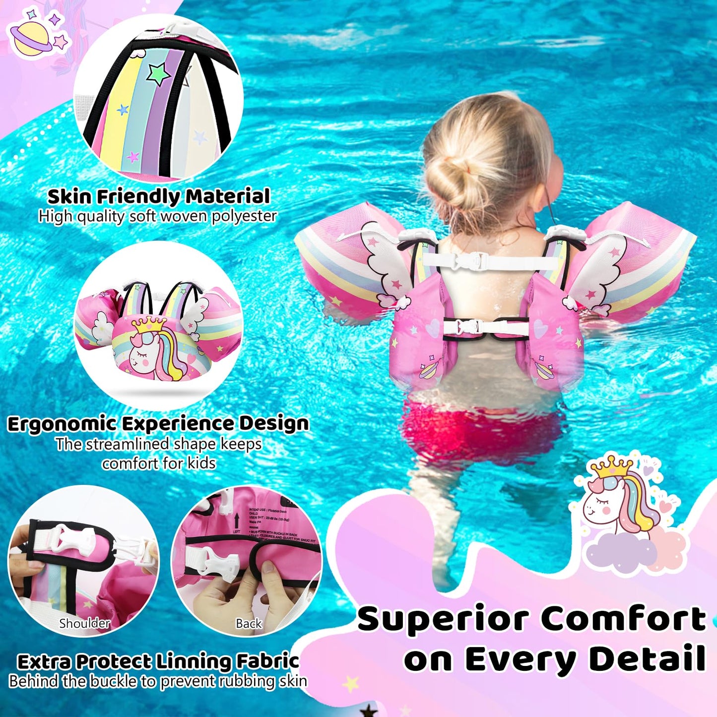 Vvinca Separable Toddler Swim Vest Fit 22-66 Lbs（2-6 Years）| 3 in 1 Toddler Floaties Pool Float & Arm Bands Boys and Girls, Adjustable Sturdy Safety for 2 3 4 5 6 Year