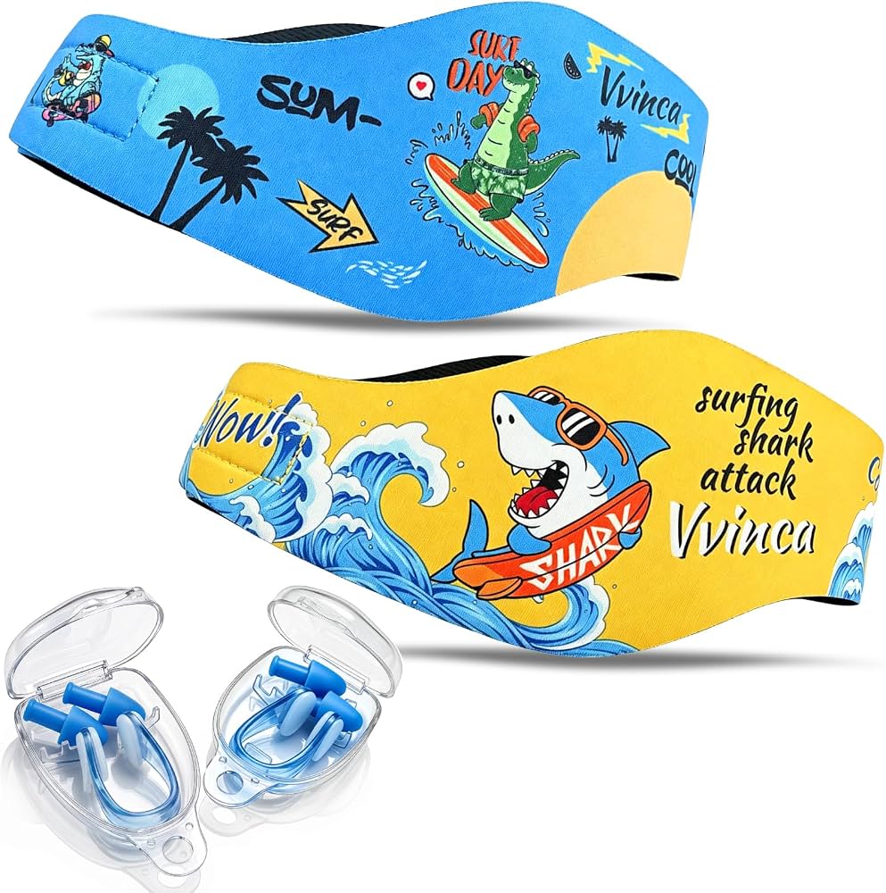 Kids Swimming Headbands — 2 Pack — Yellow Shark + Blue Dinosaur image 01