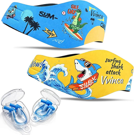 Kids Swimming Headbands — 2 Pack — Yellow Shark + Blue Dinosaur image 01