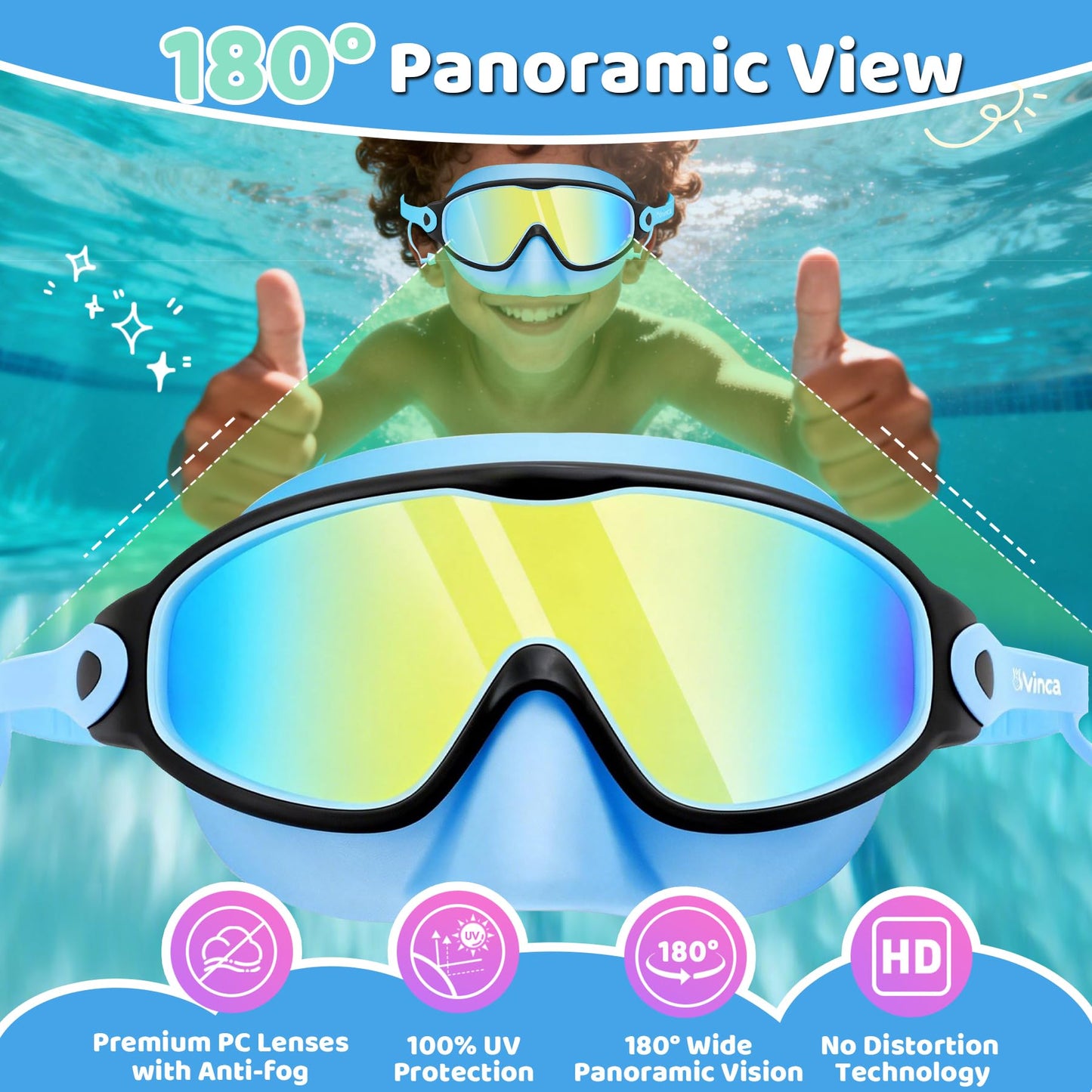 Vvinca Kids Swim Goggles 2 Pack with Nose Cover and Attached Earplugs, Wide View Anti-Fog/UV Swimming Goggles for Age 3-12 Boys Girls, No Leak Pool Water Clear Swimming Goggle for Youth Toddler