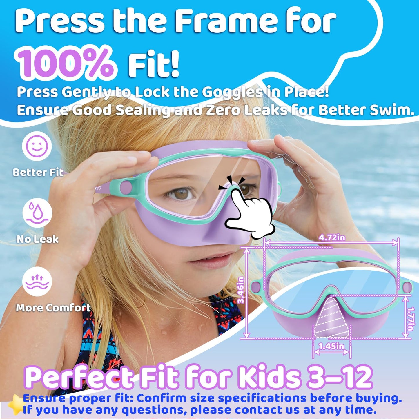 Vvinca Swim Goggles with Nose Cover, 2 Pack Wide View Diving Mask Anti-Fog UV No Leak Toddlers Swimming Goggles for Kids 3-12