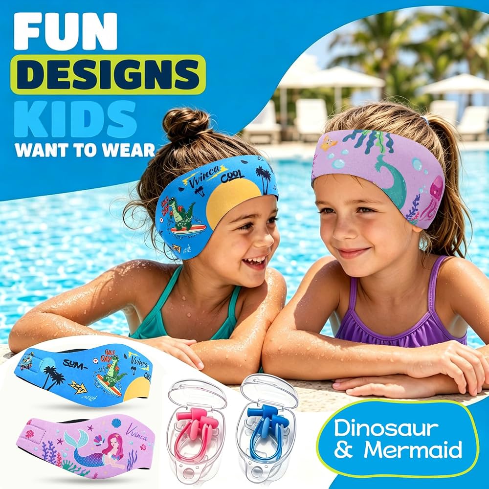 Kids Swimming Headbands — 2 Pack — Blue Dinosaur + Purple Mermaid image 07