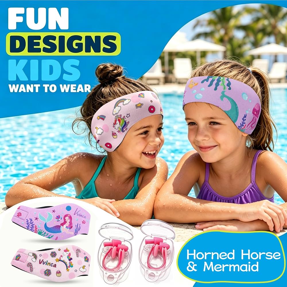 Kids Swimming Headbands — 2 Pack — Pink Unicorn + Purple Mermaid image 07