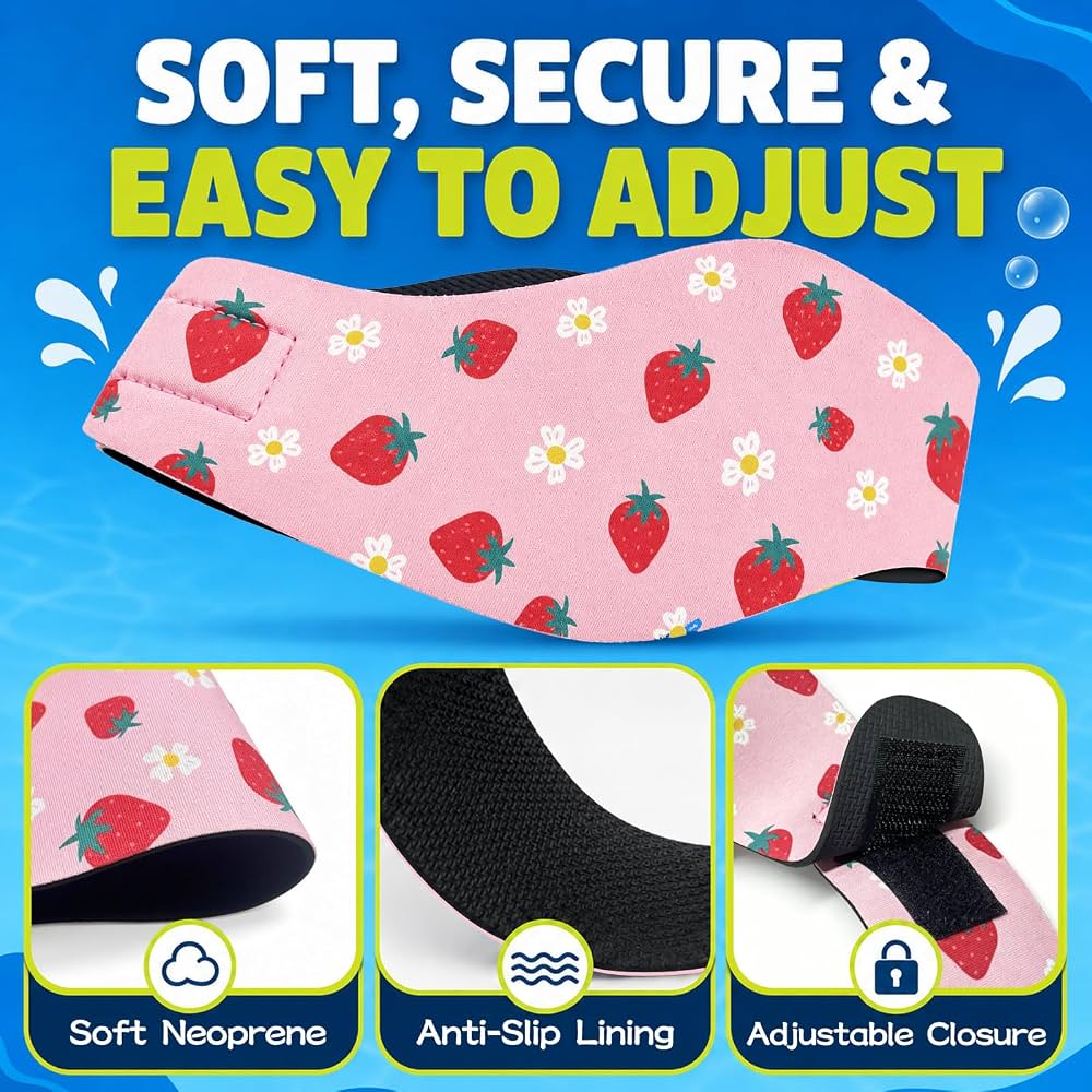 Kids Swimming Headbands — 2 Pack — Yellow Shark + Pink Strawberry image 08