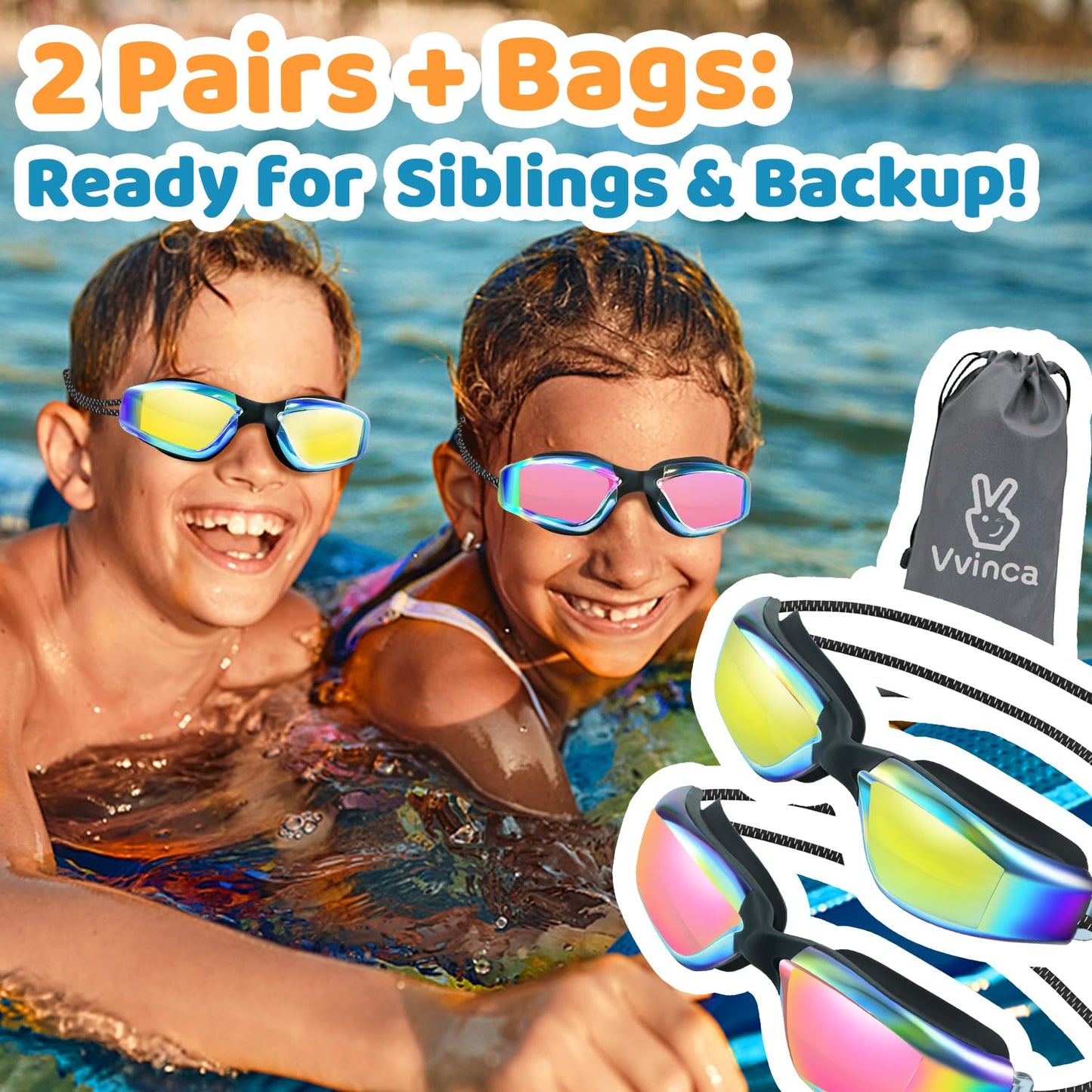 Vvinca Goggles for Kids 6-14 with Bungee Strap 2pc, Toddler Kids Swim Goggles for Swimming 8-12 No Hair Pulling for Boys Girl