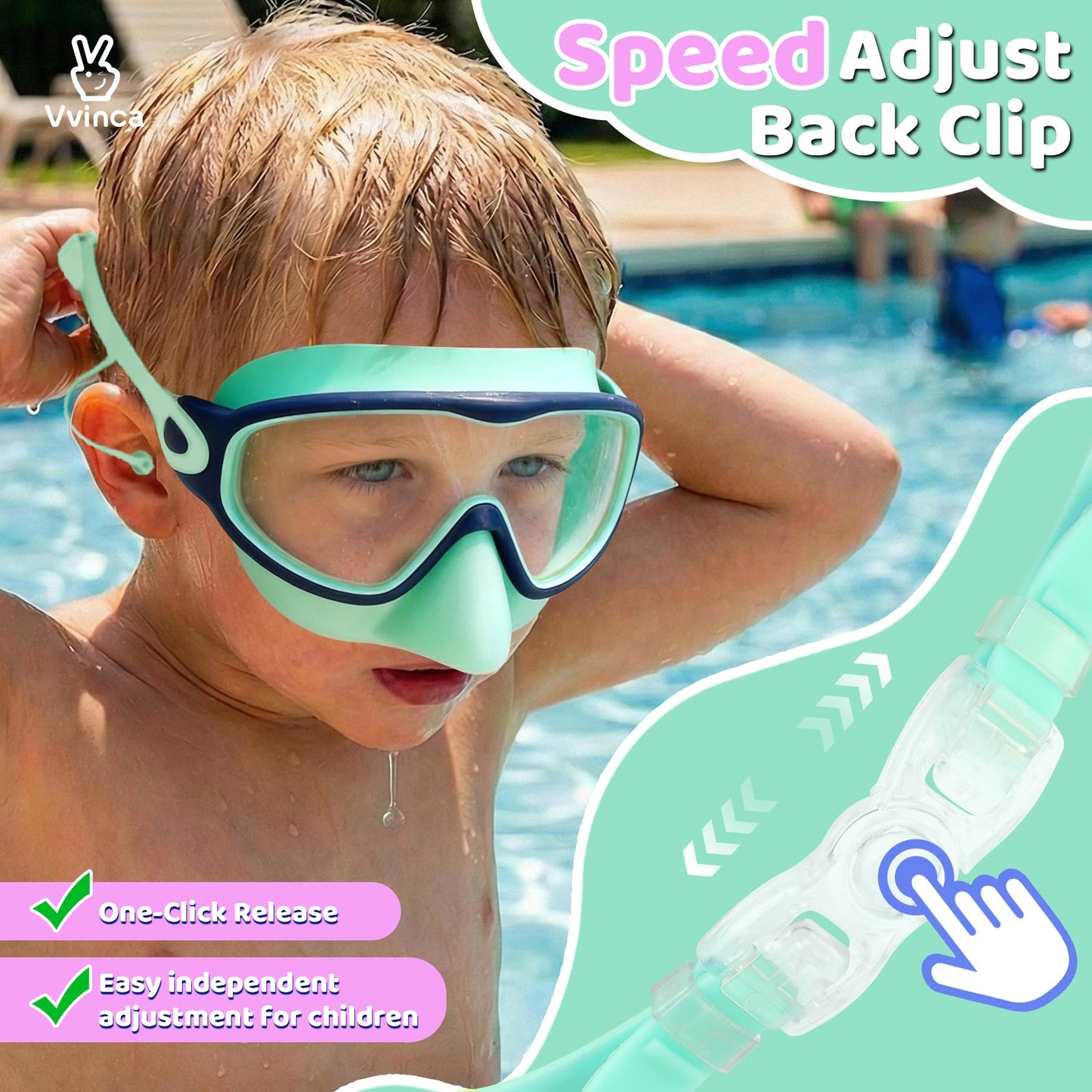 Vvinca Kids Swim Goggles 2 Pack with Nose Cover and Attached Earplugs, Wide View Anti-Fog/UV Swimming Goggles for Age 3-12 Boys Girls, No Leak Pool Water Clear Swimming Goggle for Youth Toddler
