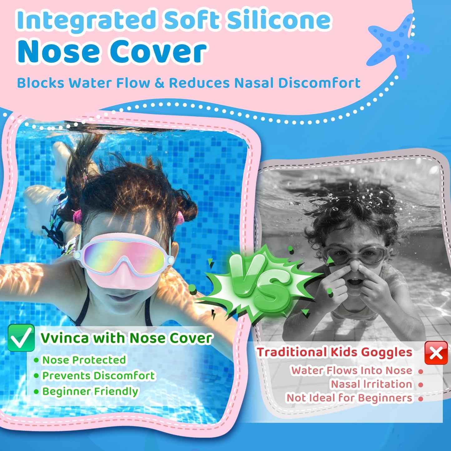 Vvinca 2 Pack Kids Swim Goggles with Nose Cover, Wide View Anti-Fog UV Protection Swimming Mask for Boys Girls Ages 3-14, No Leak Pool Goggles for Toddlers