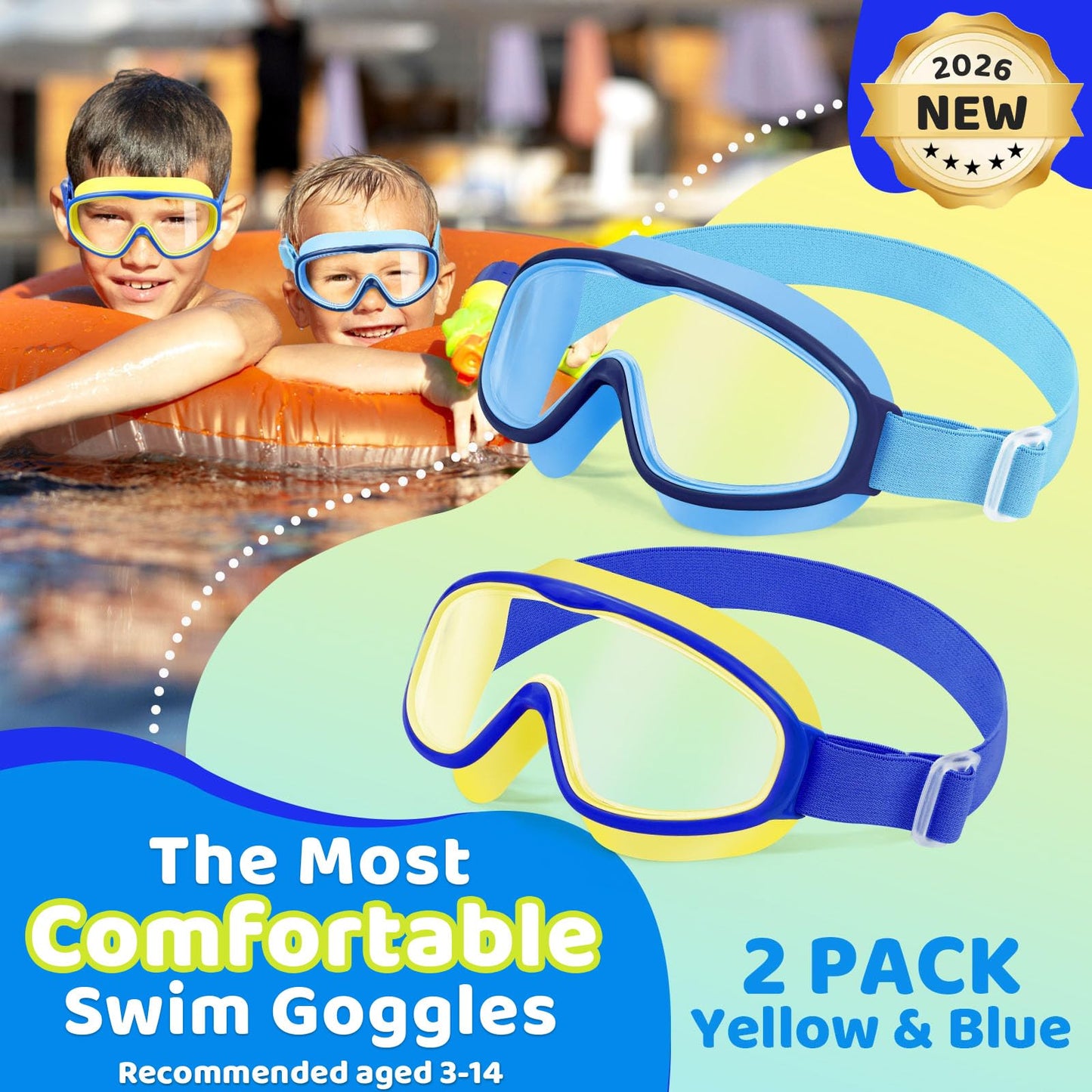 Vvinca Kids Swim Goggles 2 Pack, No Hair Pulling Comfort Fabric Strap Swimming Goggles for Kids Age 3-14, Anti-Fog/UV No Leaking Wide View Swim Mask for Toddler Boys Girls, Summer Pool Essentials