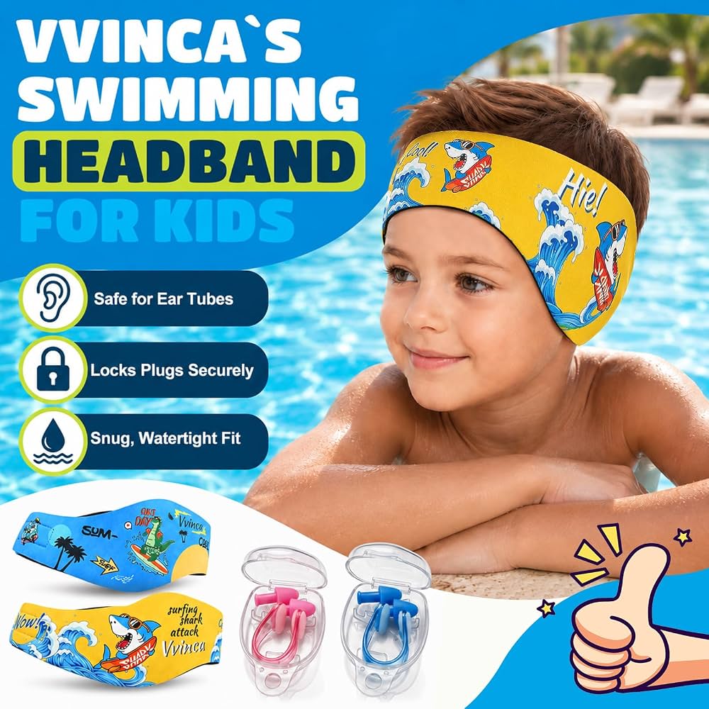 Kids Swimming Headbands — 2 Pack — Yellow Shark + Blue Dinosaur image 02