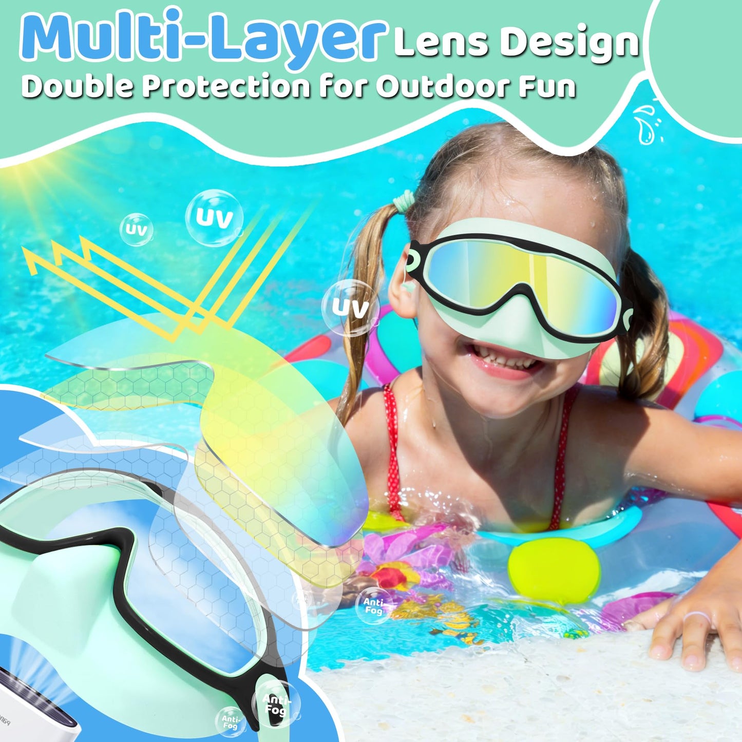 Vvinca Kids Swim Goggles 2 Pack with Nose Cover and Attached Earplugs, Wide View Anti-Fog/UV Swimming Goggles for Age 3-12 Boys Girls, No Leak Pool Water Clear Swimming Goggle for Youth Toddler