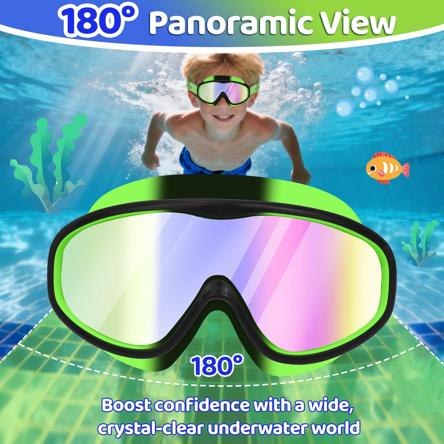 Vvinca Kids Swim Goggles 2 Pack, Cartoon Fabric Strap No Hair Pulling Swimming Goggles for Boys Girls 3-12, Anti-Fog Waterproof Wide View Mask, Soft Comfort Fit for Toddler Pool Beach Gift
