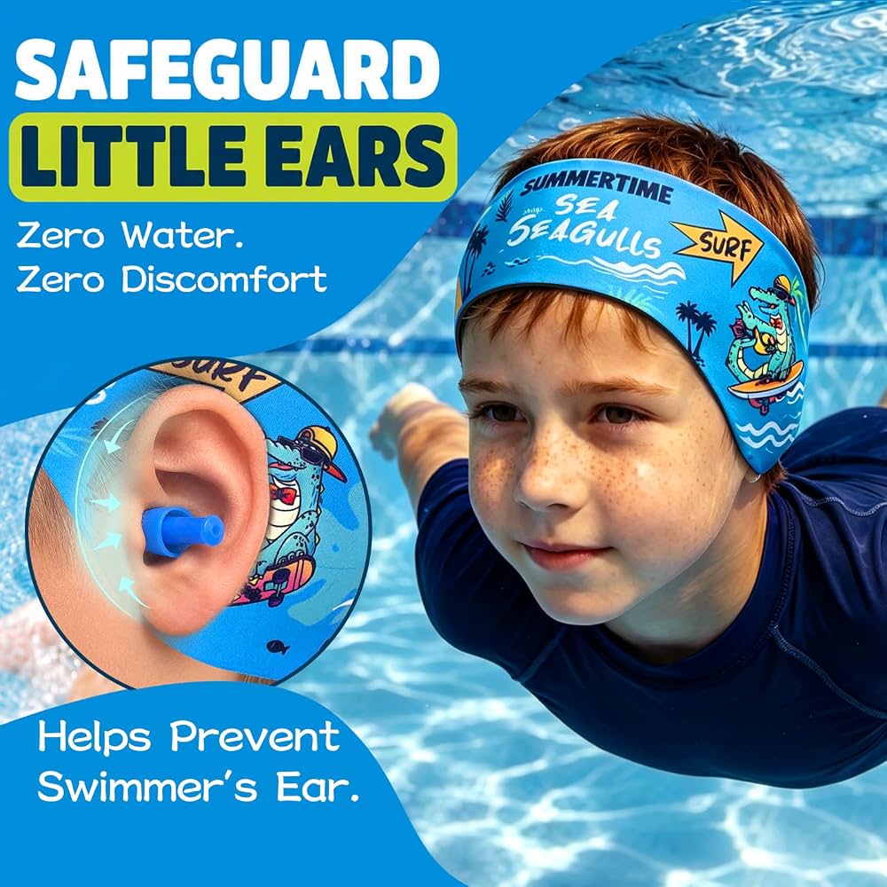 Kids Swimming Headbands — 2 Pack — Yellow Shark + Blue Dinosaur image 03