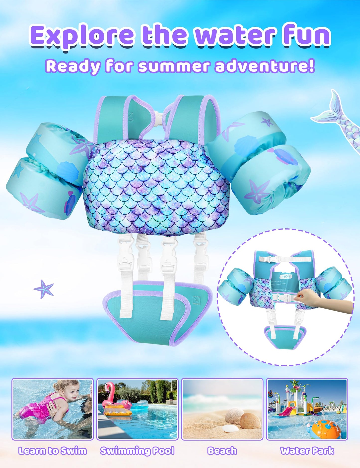 Vvinca Toddler Swim Vest for Kids 13-30lbs Boys Girls Puddle Kid Jumper Toddlers Pool Floaties Jacket with Adjustable Crotch Strap Sleeves Shoulder for 1 2 3 Years Old Baby Infant Learn to Swimming