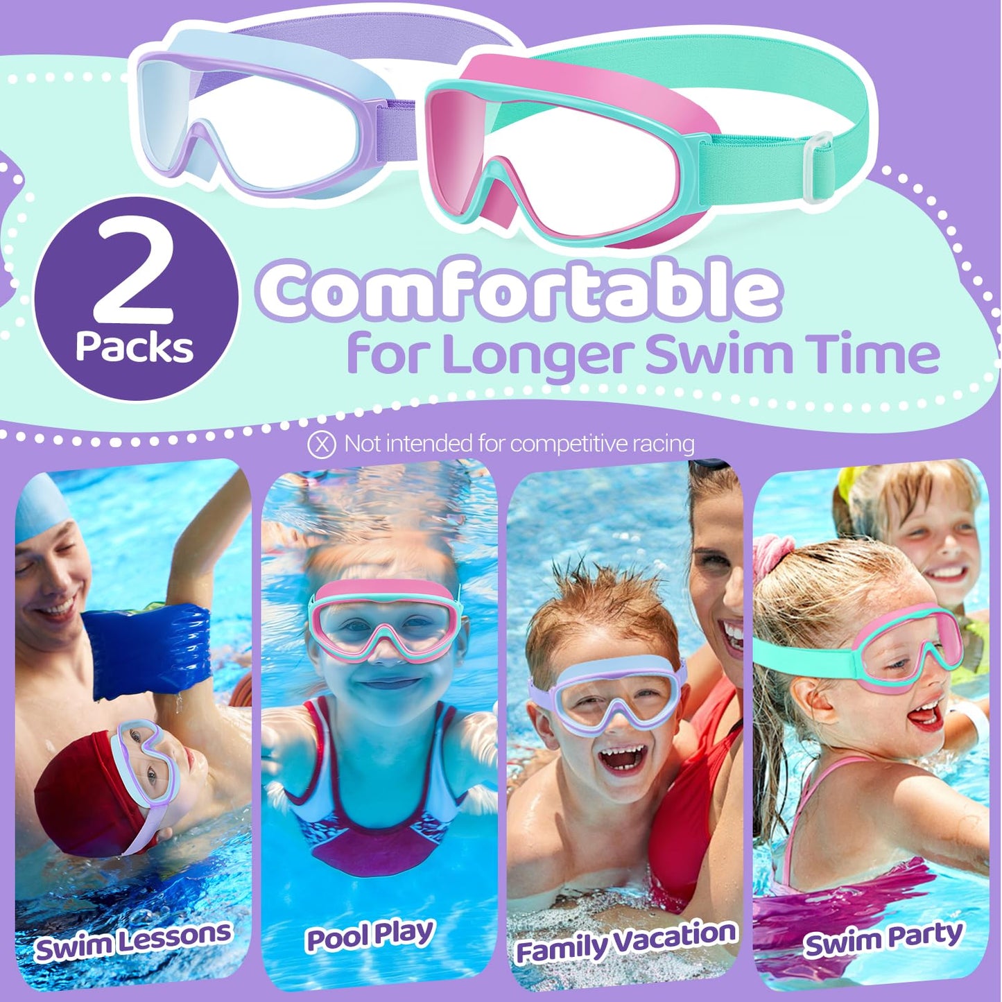 Vvinca Kids Swim Goggles with Comfort Fabric Strap 2 Pack, Wide View Anti-Fog/UV No Leak Swimming Goggles for Kids 3-14 Boys Girls Toddler