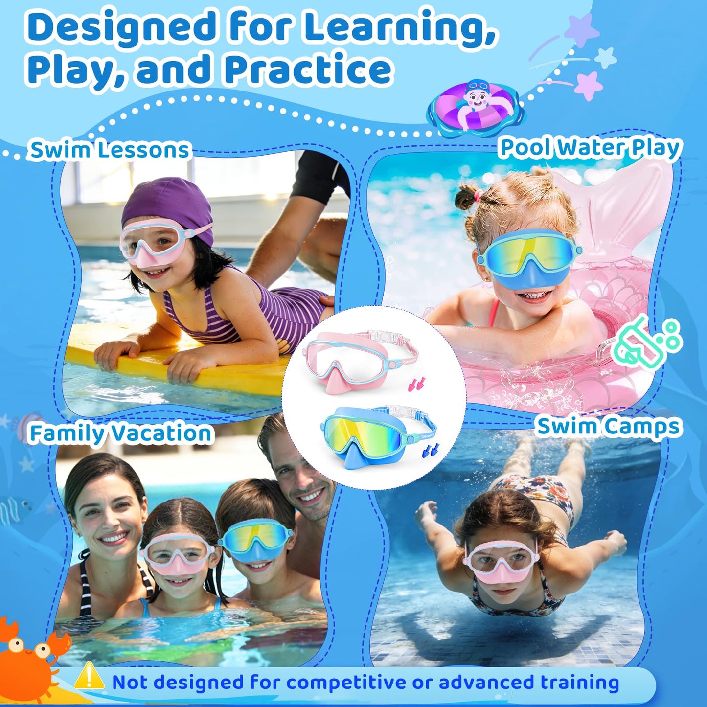 Vvinca 2 Pack Kids Swim Goggles with Nose Cover, Wide View Anti-Fog UV Protection Swimming Mask for Boys Girls Ages 3-14, No Leak Pool Goggles for Toddlers