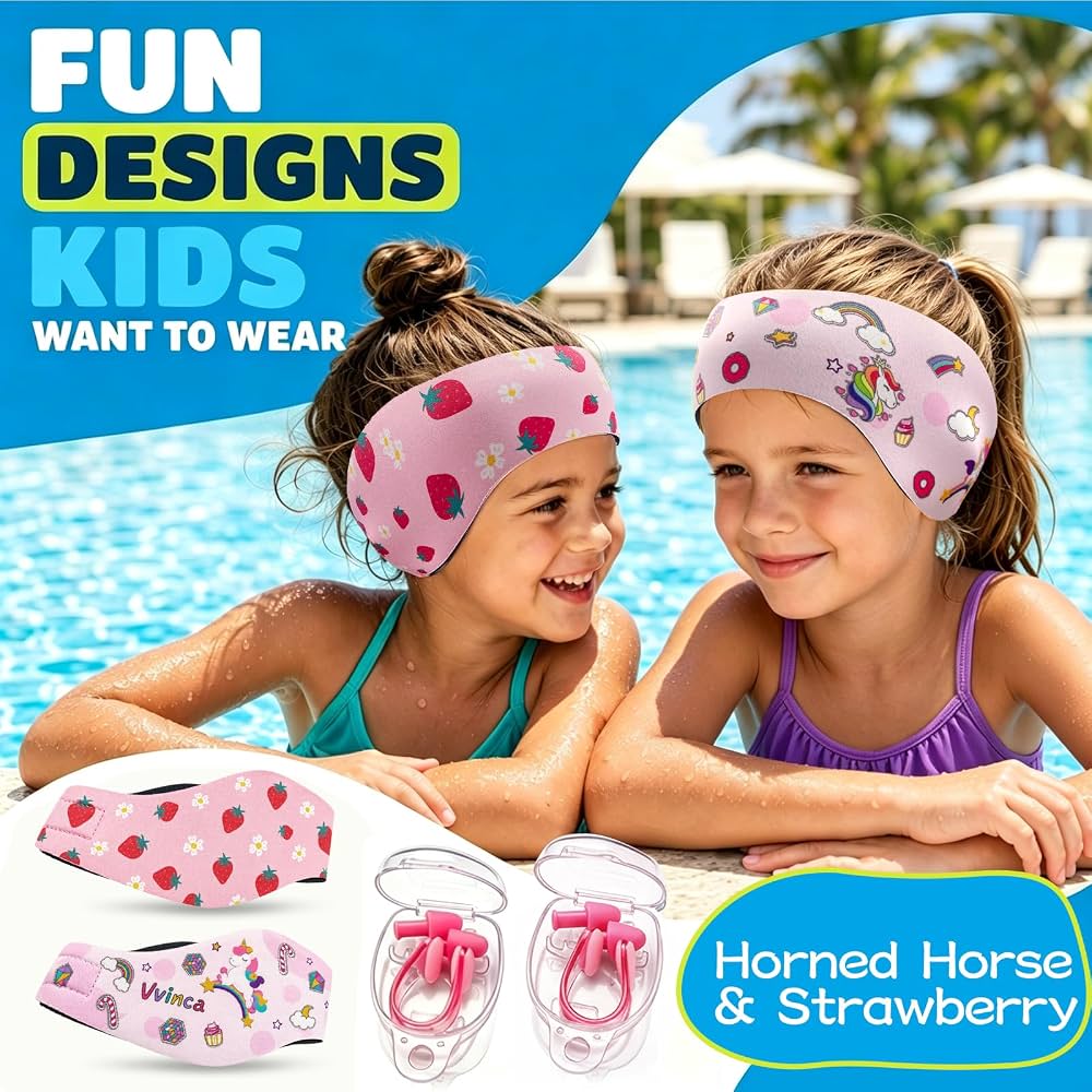 Kids Swimming Headbands — 2 Pack — Pink Unicorn + Pink Strawberry image 07