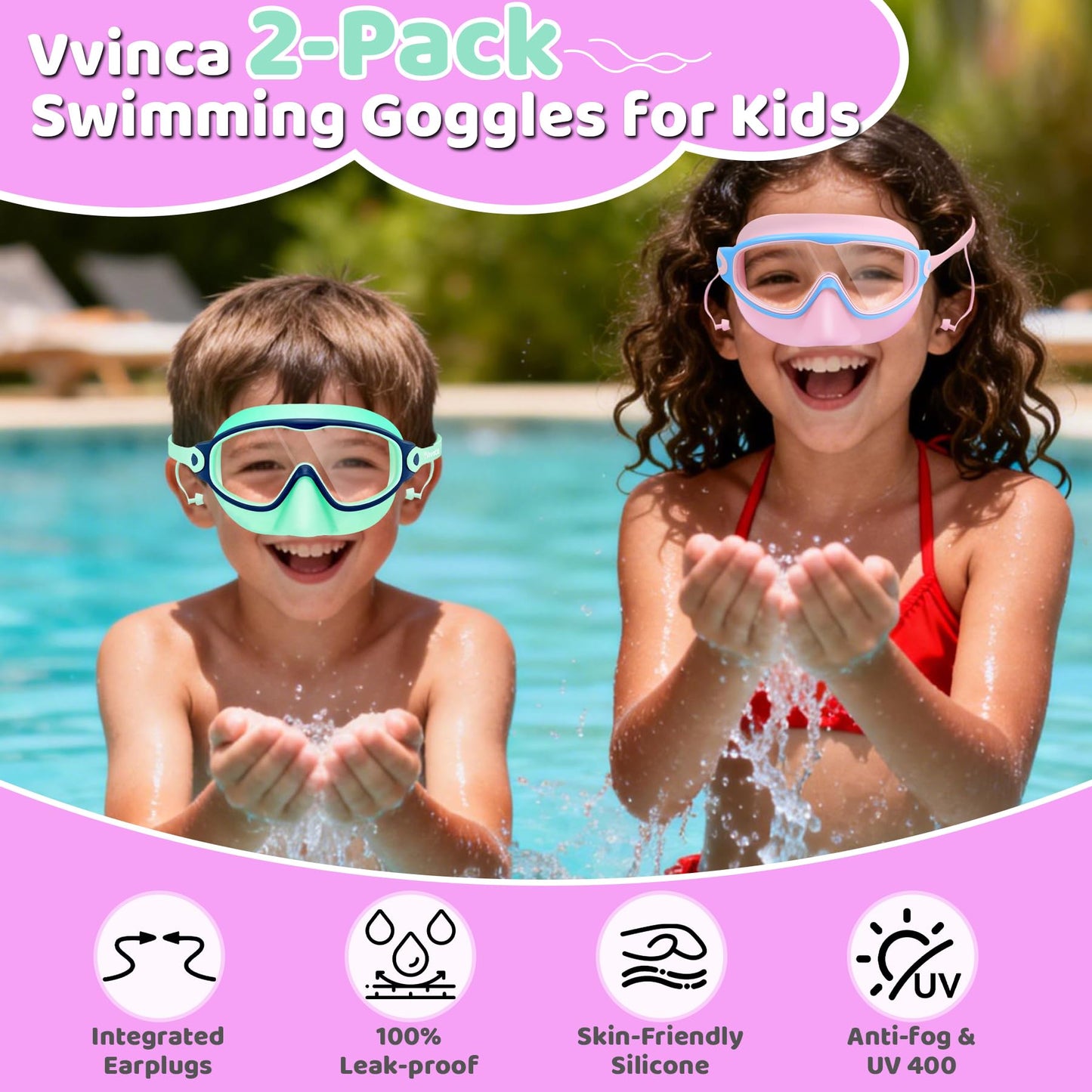 Vvinca Kids Swim Goggles 2 Pack with Nose Cover and Attached Earplugs, Wide View Anti-Fog/UV Swimming Goggles for Age 3-12 Boys Girls, No Leak Pool Water Clear Swimming Goggle for Youth Toddler