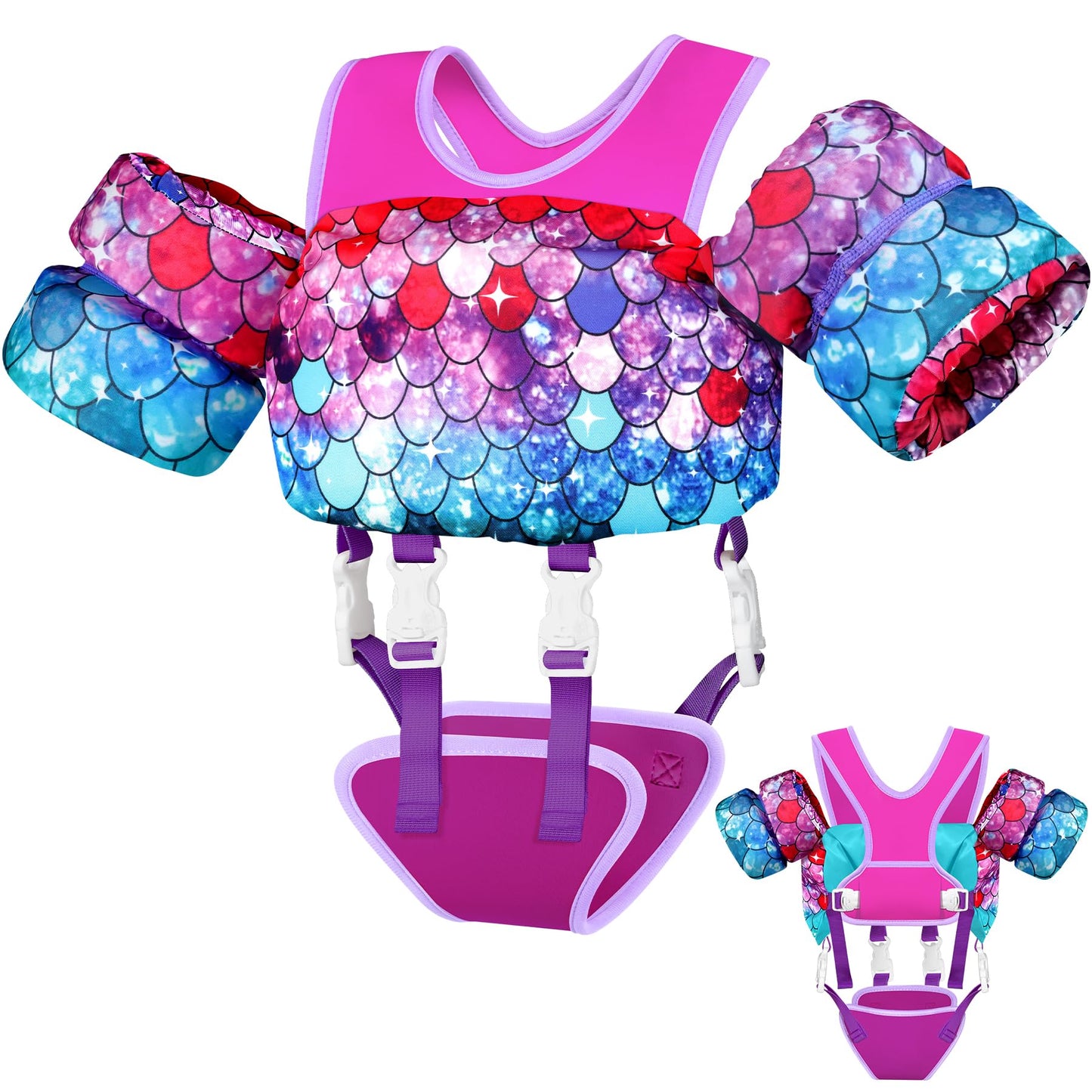 Vvinca Toddler Swim Vest for Kids 22-66 lbs, Comfort Toddlers Pool Floaties Jacket for Boys Girls with Adjustable Crotch Strap Sleeves Shoulder Fit for Ages 2-6 Learn to Swimming, Mermaid Scale