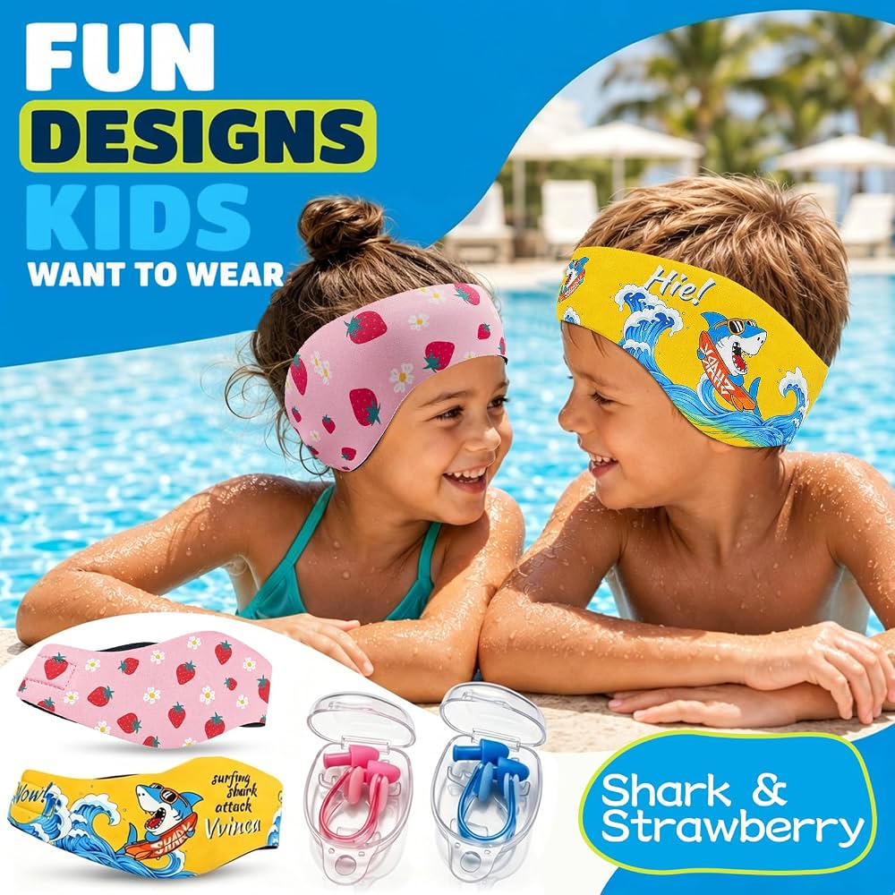Kids Swimming Headbands — 2 Pack — Yellow Shark + Pink Strawberry image 07