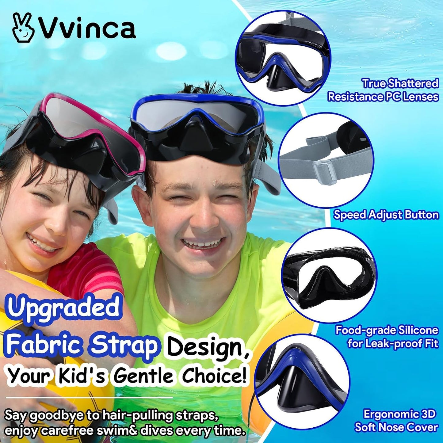 Vvinca Kids-Goggles with Nose Cover, Diving Mask Elastic Fabric Strap Anti Fog Anti Shattered Lens for Kids Swim Goggles 3-14 - REPAIRED A000688 2