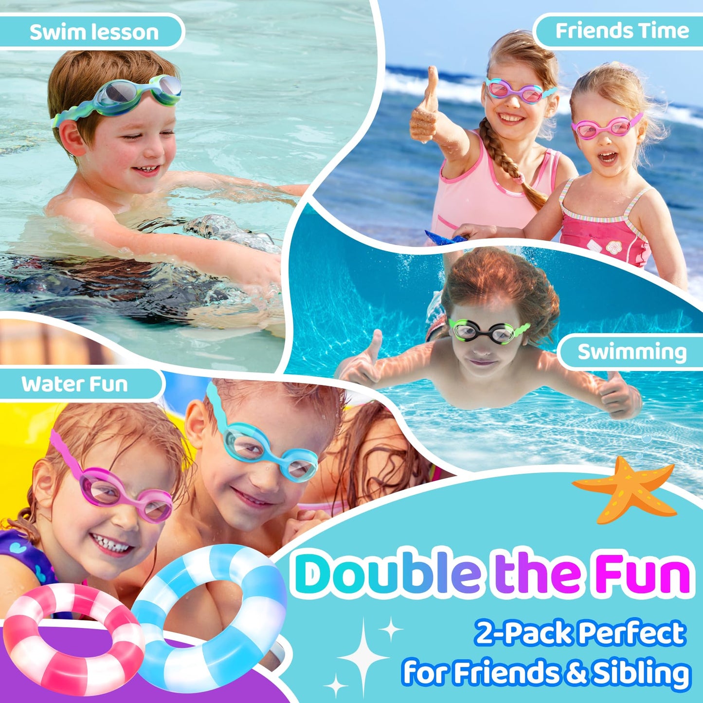 Vvinca 2 pack Kids Swim Goggles for Boys Girls Age 3-12, Wave-Shaped Quick Adjust Strap, Anti-Fog UV Protection Swimming Goggles, No Leaking Kids Goggles for Toddler Youth Pool Water Swimming