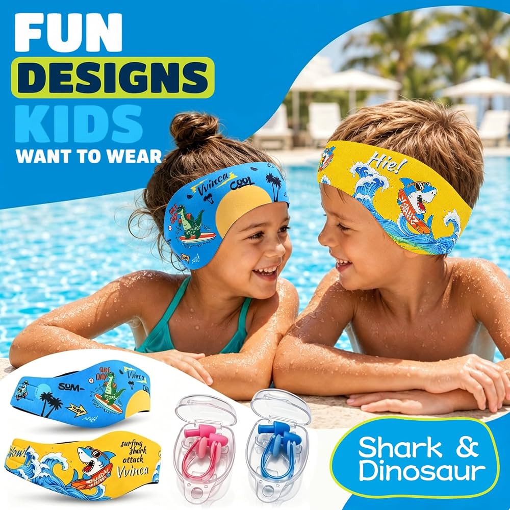 Kids Swimming Headbands — 2 Pack — Yellow Shark + Blue Dinosaur image 07