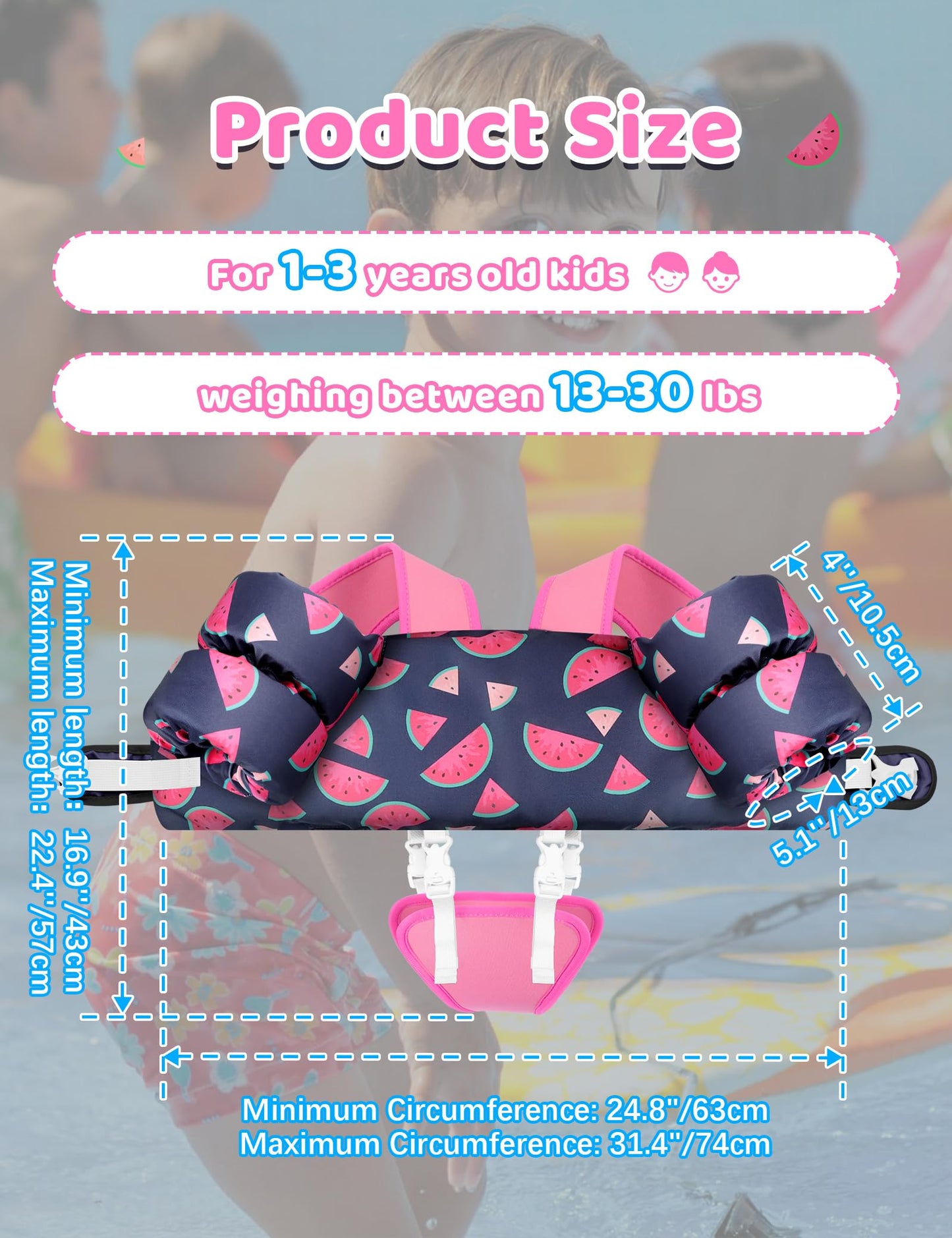 Vvinca Toddler Swim Vest for Kids 13-30lbs Boys Girls Puddle Kid Jumper Toddlers Pool Floaties Jacket with Adjustable Crotch Strap Sleeves Shoulder for 1 2 3 Years Old Baby Infant Learn to Swimming